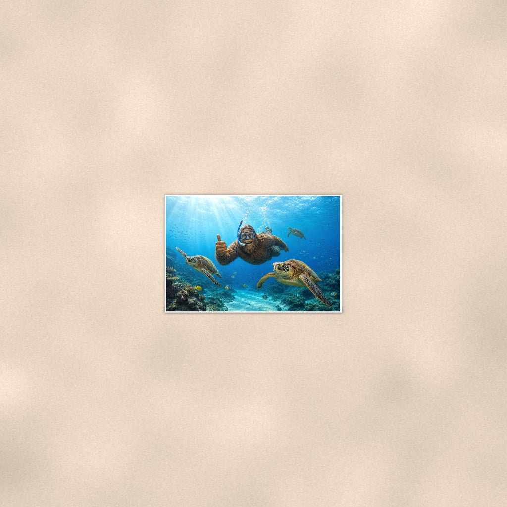 Scuba Bigfoot with Sea Turtles — 36x24 in art print poster, premium luster paper with a white border; poster seen from further back, at true 24x36 in scale on a warm wall.