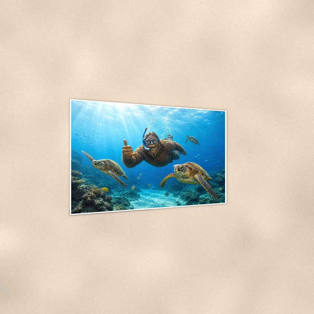 Scuba Bigfoot with Sea Turtles — 36x24 in art print poster, premium luster paper with a white border; gentle three-quarter angle on a warm wall, showing the flat paper edge.
