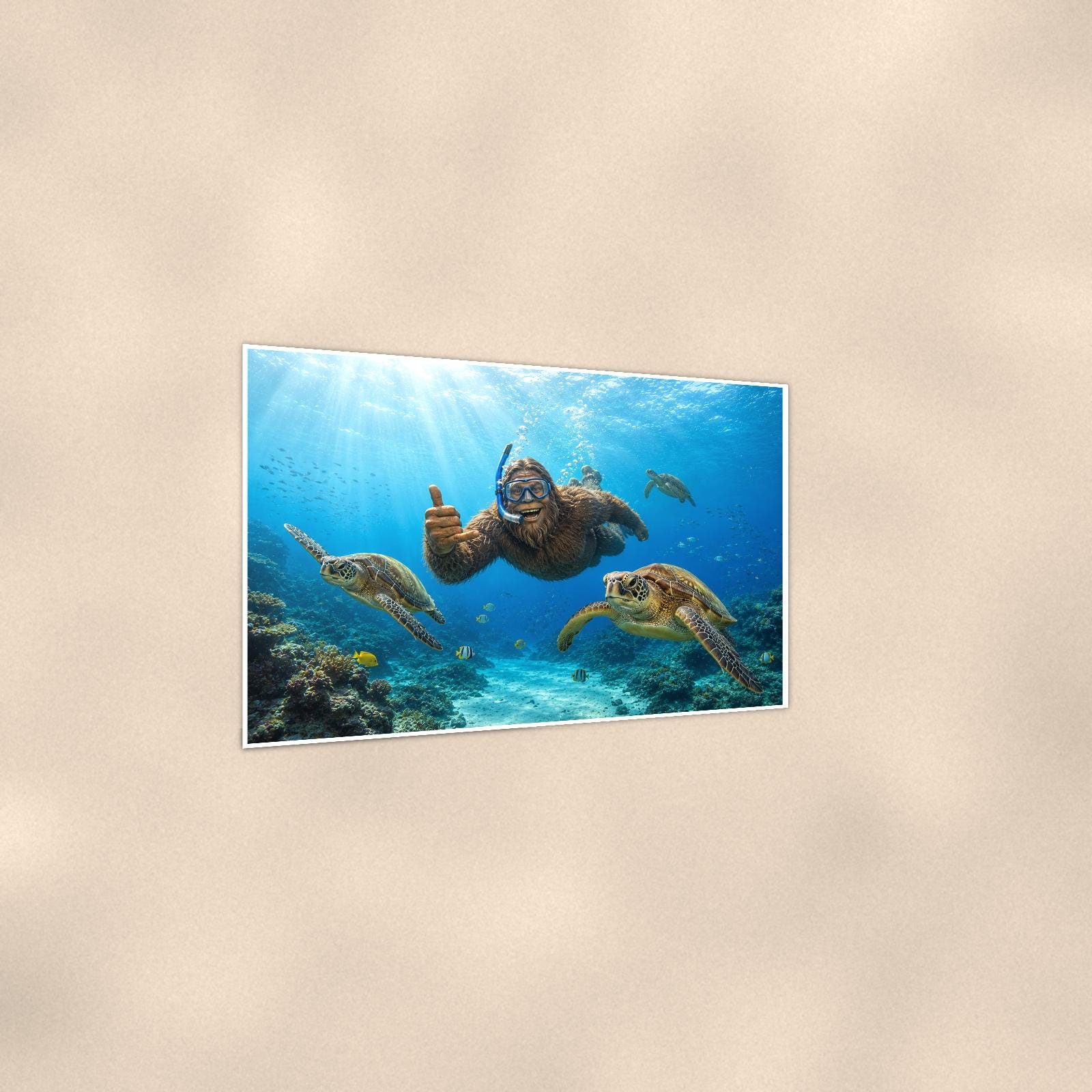Scuba Bigfoot with Sea Turtles — 36x24 in art print poster, premium luster paper with a white border; gentle three-quarter angle on a warm wall, showing the flat paper edge.