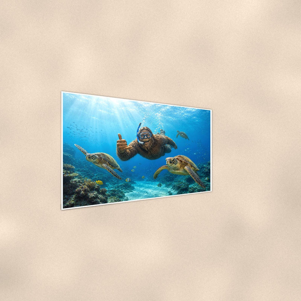 Scuba Bigfoot with Sea Turtles — 36x24 in art print poster, premium luster paper with a white border; steeper three-quarter angle on a warm wall, catching the luster sheen.