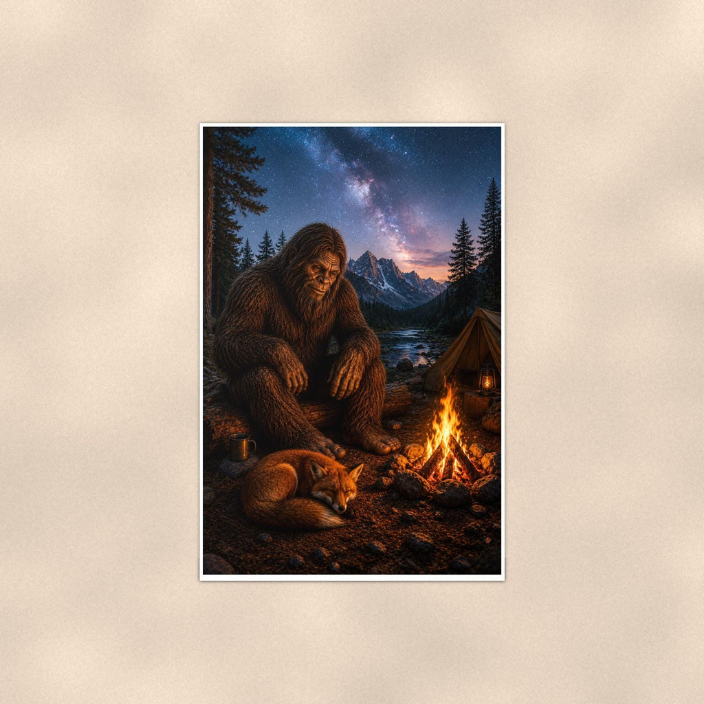 Milky Way Campfire Bigfoot — 24x36 in art print poster, premium luster paper with a white border; poster shown straight on against a warm wall.