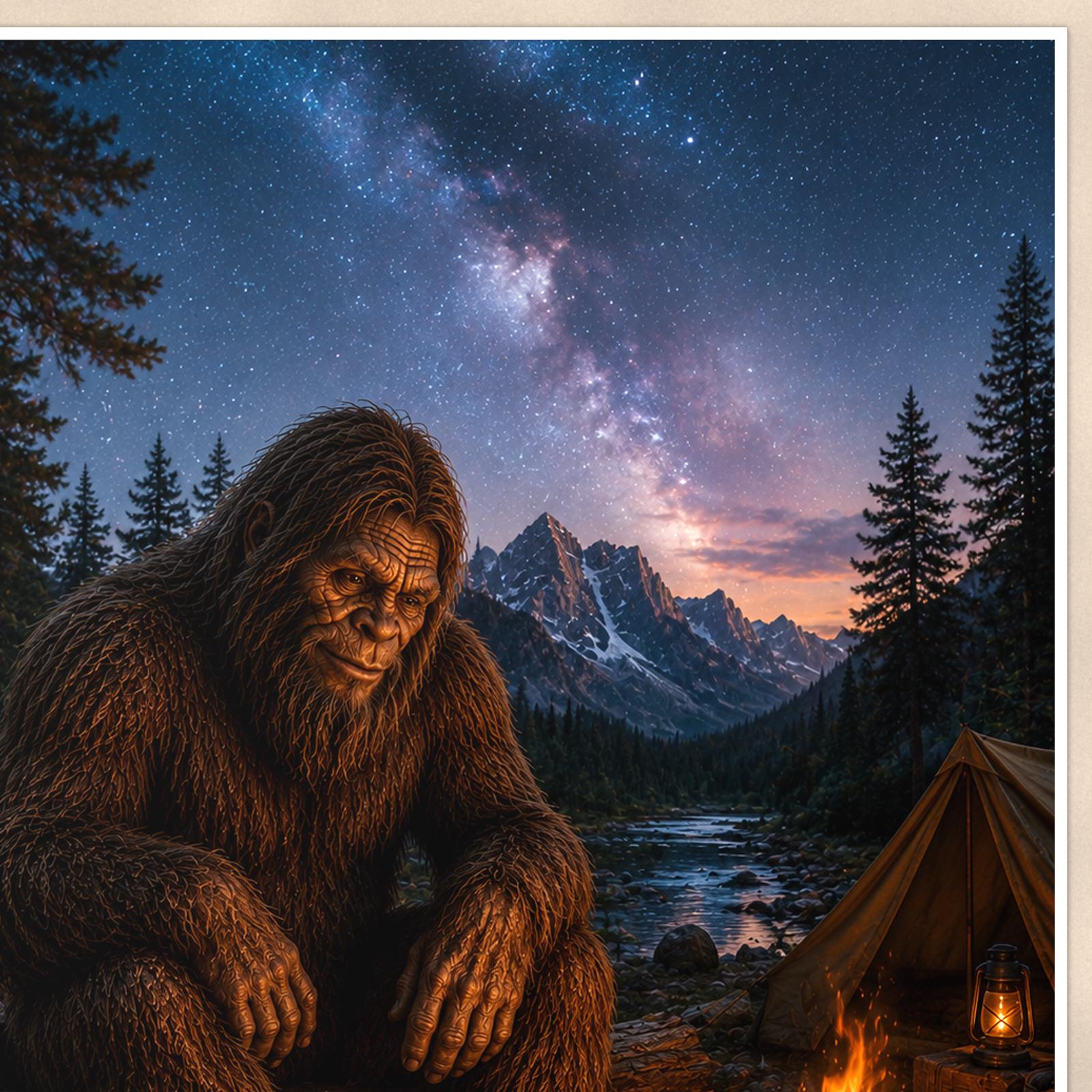 Milky Way Campfire Bigfoot — 24x36 in art print poster, premium luster paper with a white border; close-up framed on the main subject of the artwork, paper surface visible.