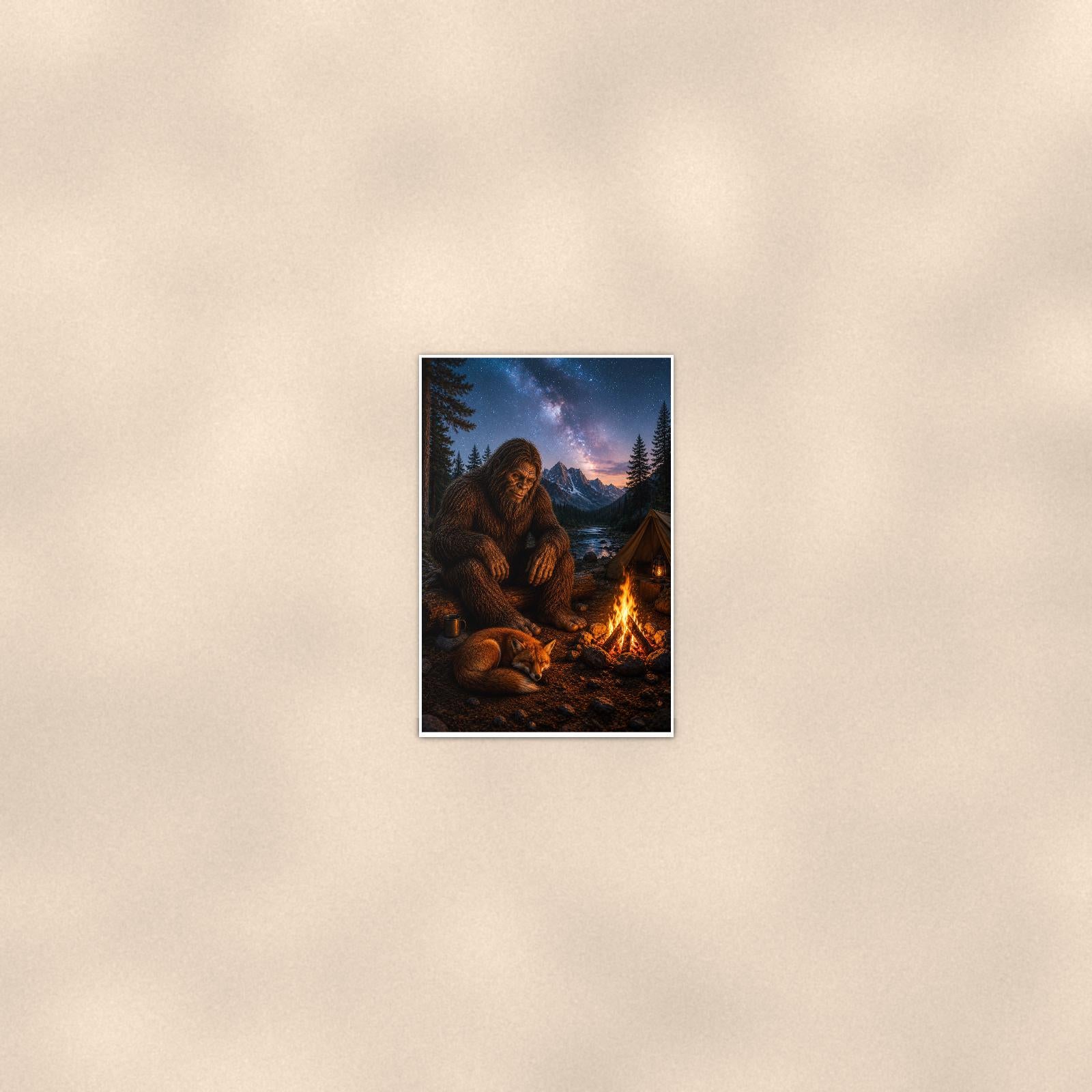 Milky Way Campfire Bigfoot — 24x36 in art print poster, premium luster paper with a white border; poster seen from further back, at true 24x36 in scale on a warm wall.