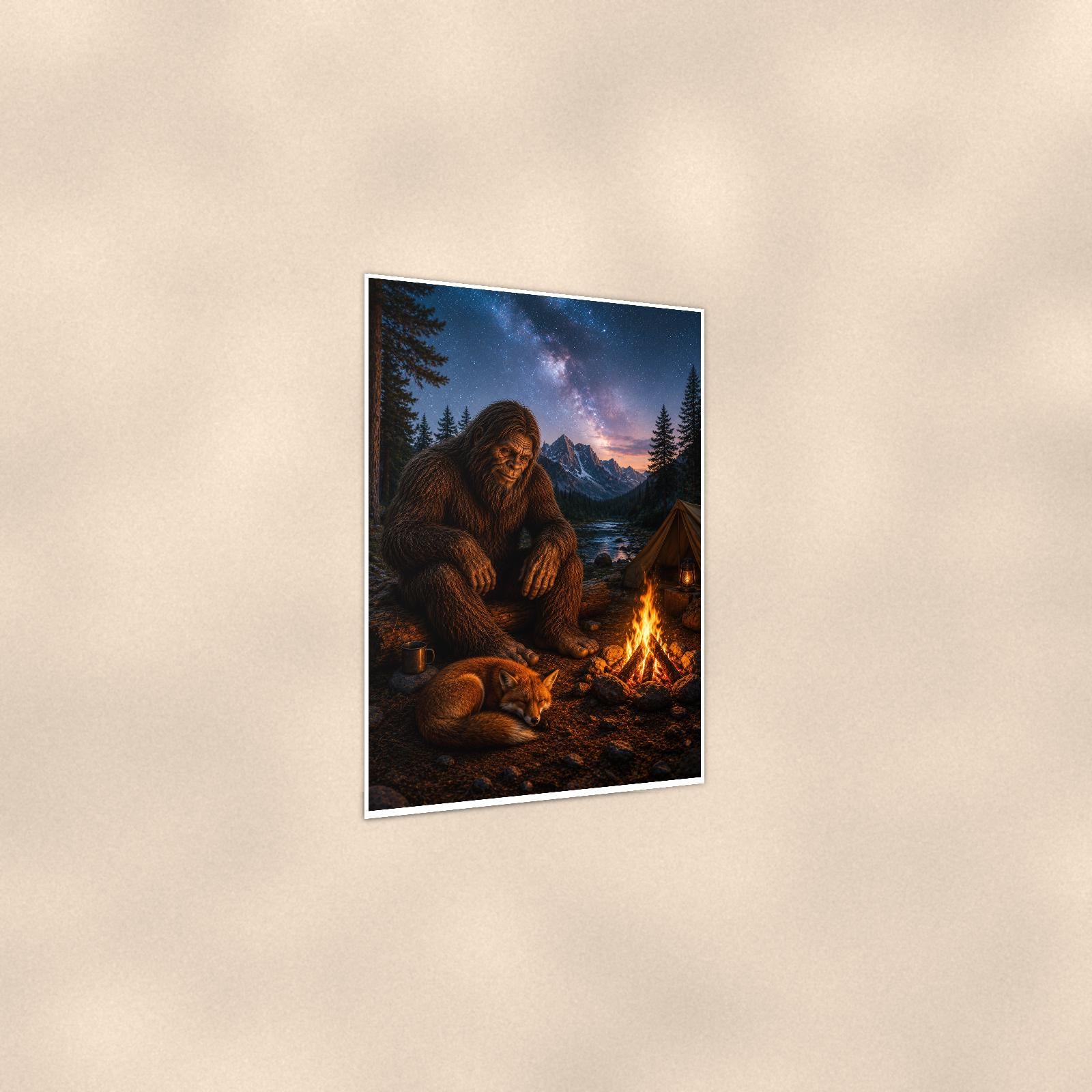 Milky Way Campfire Bigfoot — 24x36 in art print poster, premium luster paper with a white border; gentle three-quarter angle on a warm wall, showing the flat paper edge.