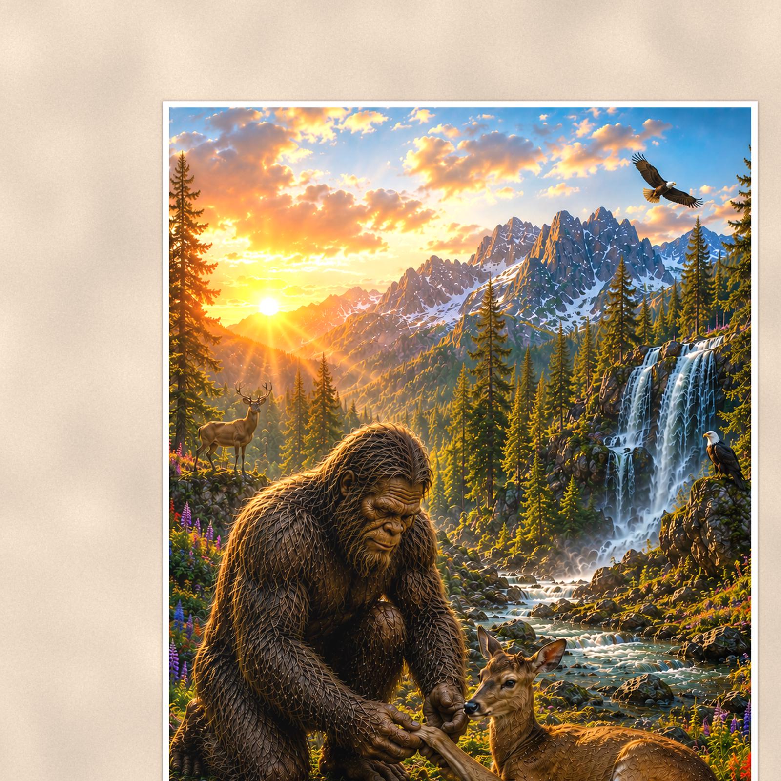 Waterfall Deer Bigfoot — 24x36 in art print poster, premium luster paper with a white border; close-up framed on the main subject of the artwork, paper surface visible.