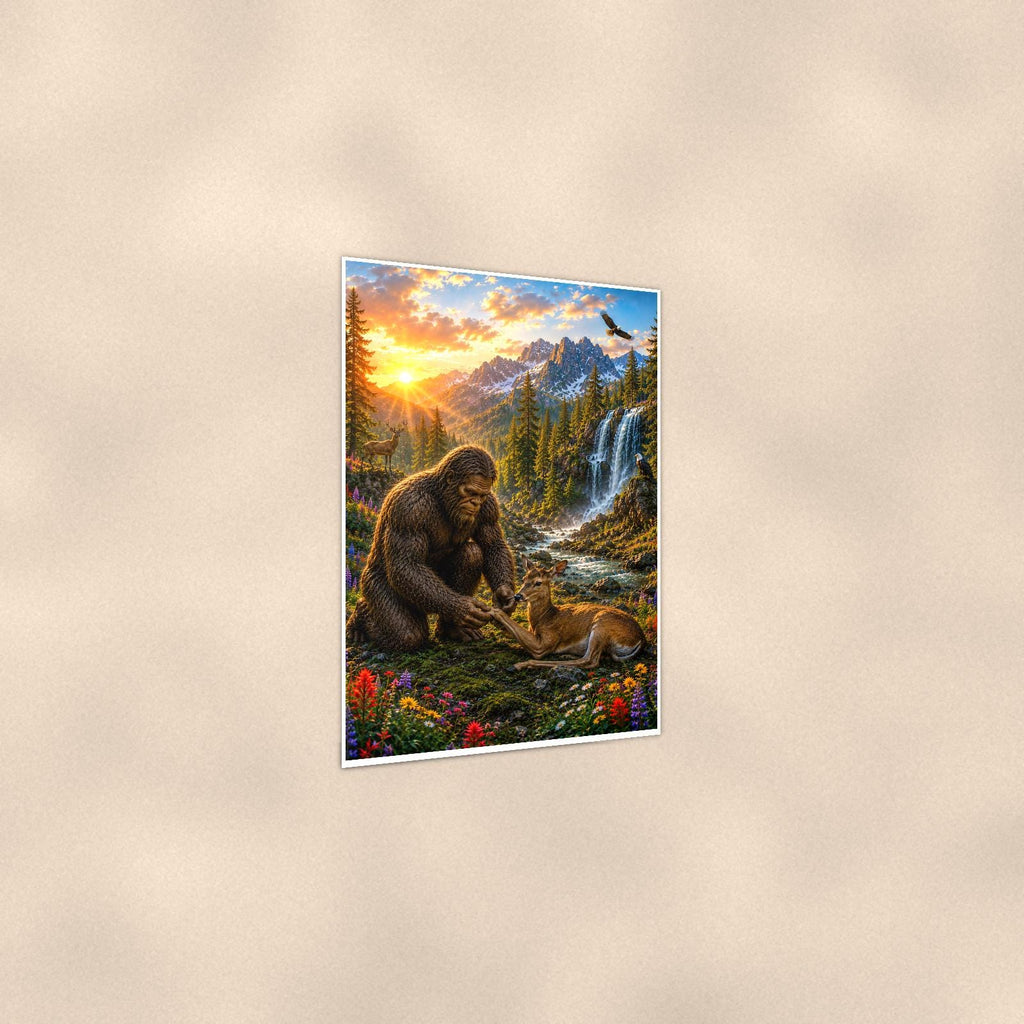 Waterfall Deer Bigfoot — 24x36 in art print poster, premium luster paper with a white border; gentle three-quarter angle on a warm wall, showing the flat paper edge.