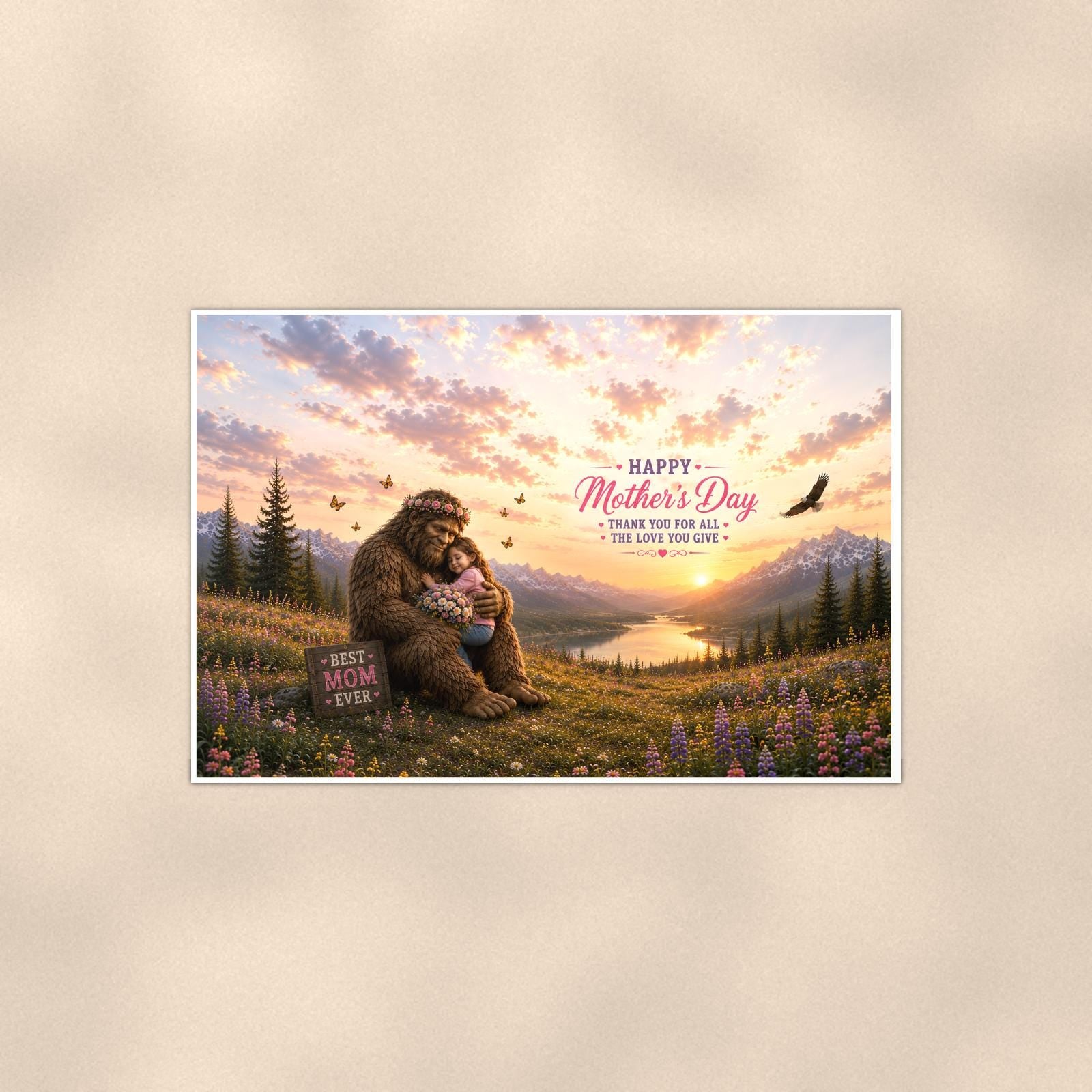 Mother’s Day Bigfoot — 36x24 in art print poster, premium luster paper with a white border; poster shown straight on against a warm wall.