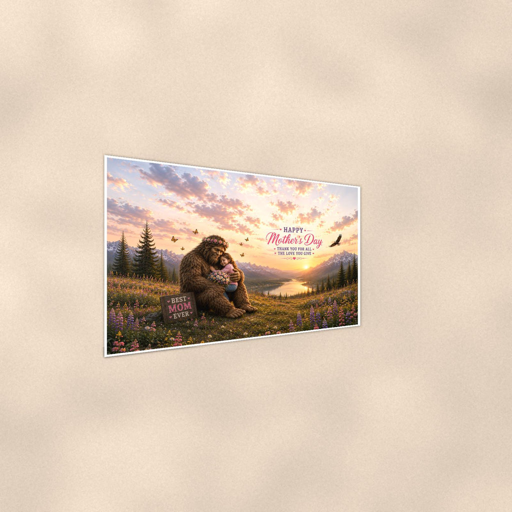 Mother’s Day Bigfoot — 36x24 in art print poster, premium luster paper with a white border; steeper three-quarter angle on a warm wall, catching the luster sheen.