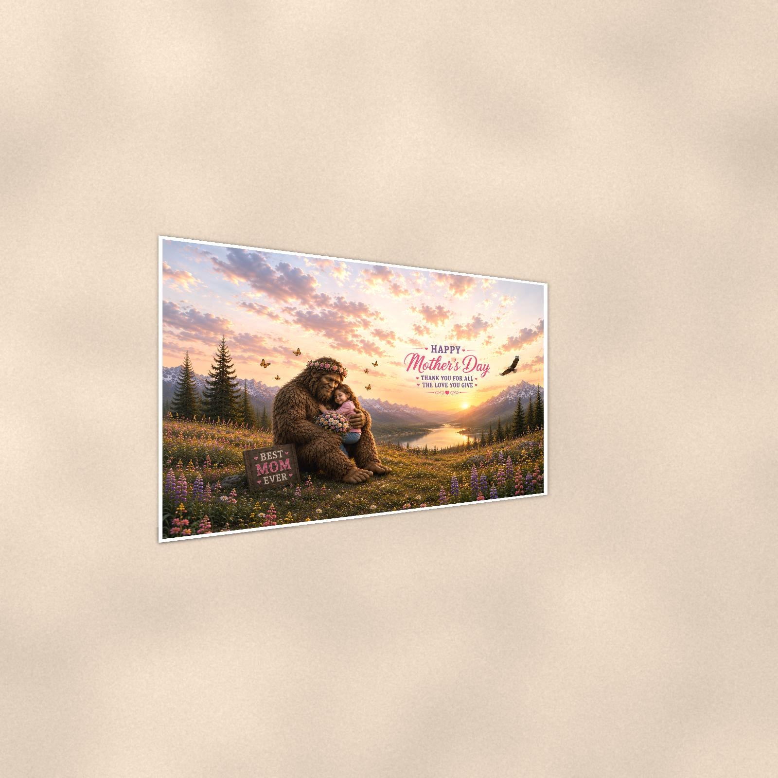 Mother’s Day Bigfoot — 36x24 in art print poster, premium luster paper with a white border; steeper three-quarter angle on a warm wall, catching the luster sheen.