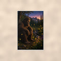 Firefly Night Bigfoot — 24x36 in art print poster, premium luster paper with a white border; poster shown straight on against a warm wall.