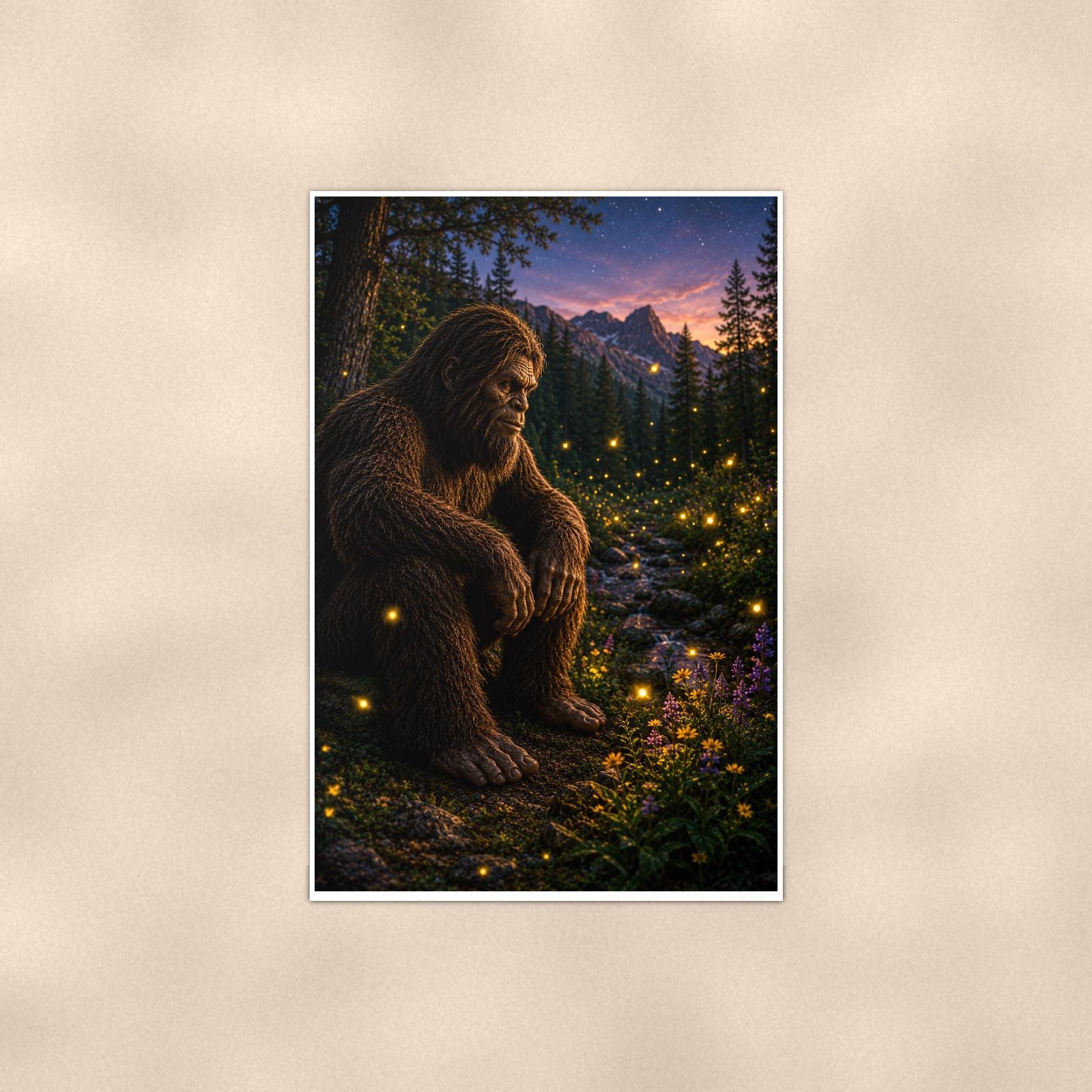 Firefly Night Bigfoot — 24x36 in art print poster, premium luster paper with a white border; poster shown straight on against a warm wall.