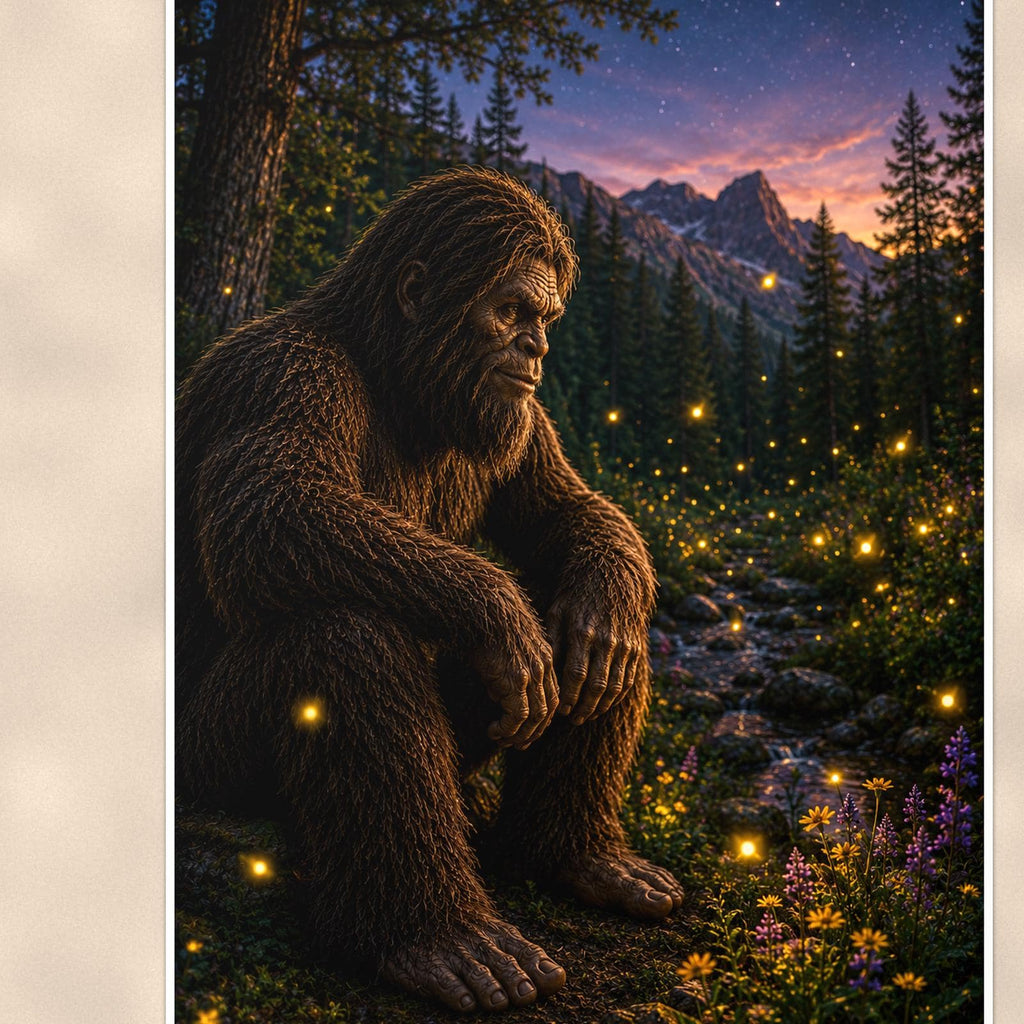 Firefly Night Bigfoot — 24x36 in art print poster, premium luster paper with a white border; close-up framed on the main subject of the artwork, paper surface visible.