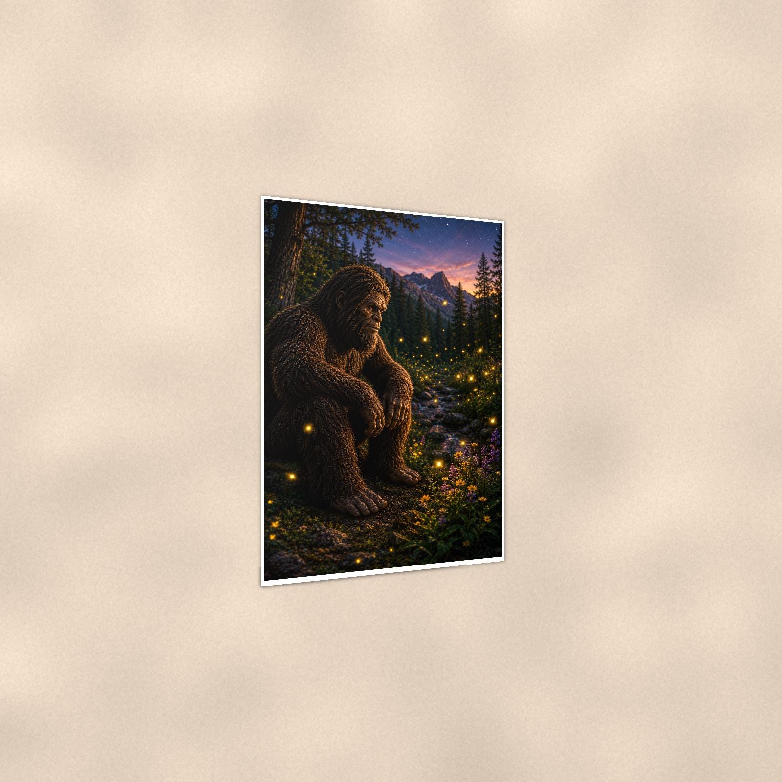 Firefly Night Bigfoot — 24x36 in art print poster, premium luster paper with a white border; gentle three-quarter angle on a warm wall, showing the flat paper edge.
