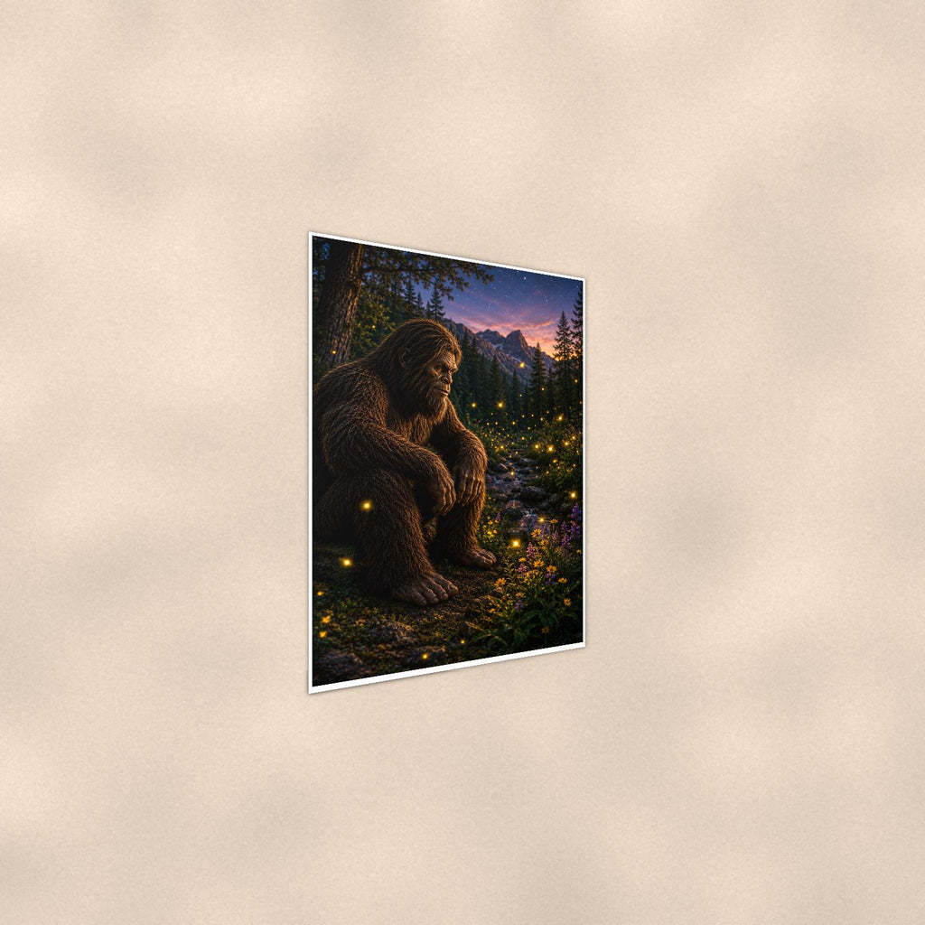 Firefly Night Bigfoot — 24x36 in art print poster, premium luster paper with a white border; steeper three-quarter angle on a warm wall, catching the luster sheen.