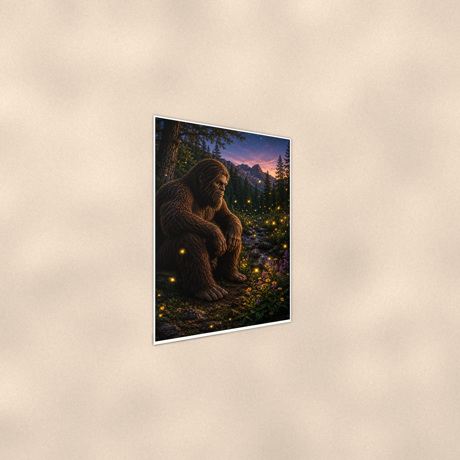 Firefly Night Bigfoot — 24x36 in art print poster, premium luster paper with a white border; steeper three-quarter angle on a warm wall, catching the luster sheen.
