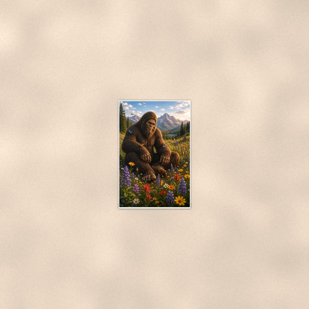 Wildflower Valley Bigfoot — 24x36 in art print poster, premium luster paper with a white border; poster seen from further back, at true 24x36 in scale on a warm wall.