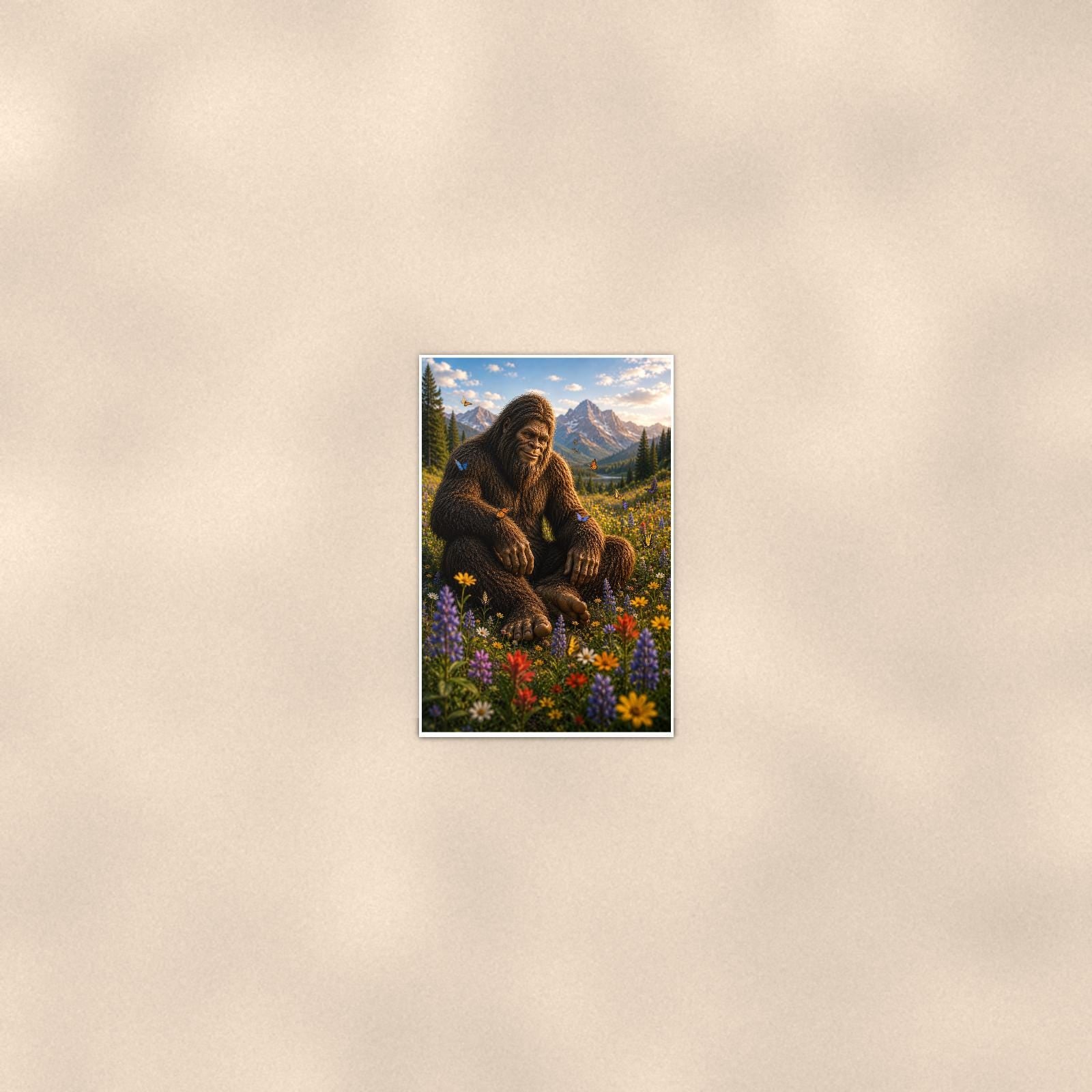 Wildflower Valley Bigfoot — 24x36 in art print poster, premium luster paper with a white border; poster seen from further back, at true 24x36 in scale on a warm wall.