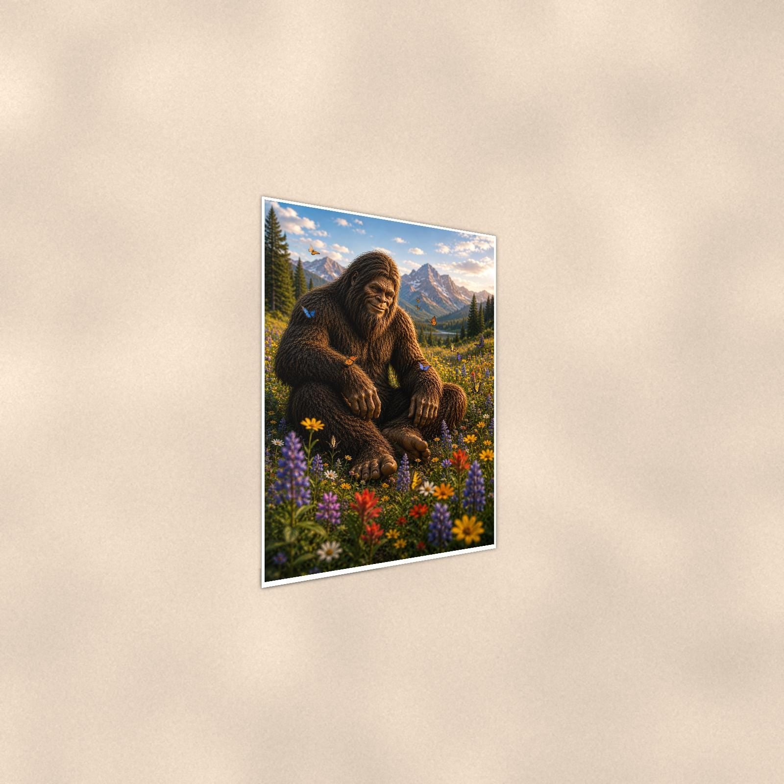 Wildflower Valley Bigfoot — 24x36 in art print poster, premium luster paper with a white border; steeper three-quarter angle on a warm wall, catching the luster sheen.