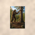 Tree Carver Bigfoot — 24x36 in art print poster, premium luster paper with a white border; poster shown straight on against a warm wall.