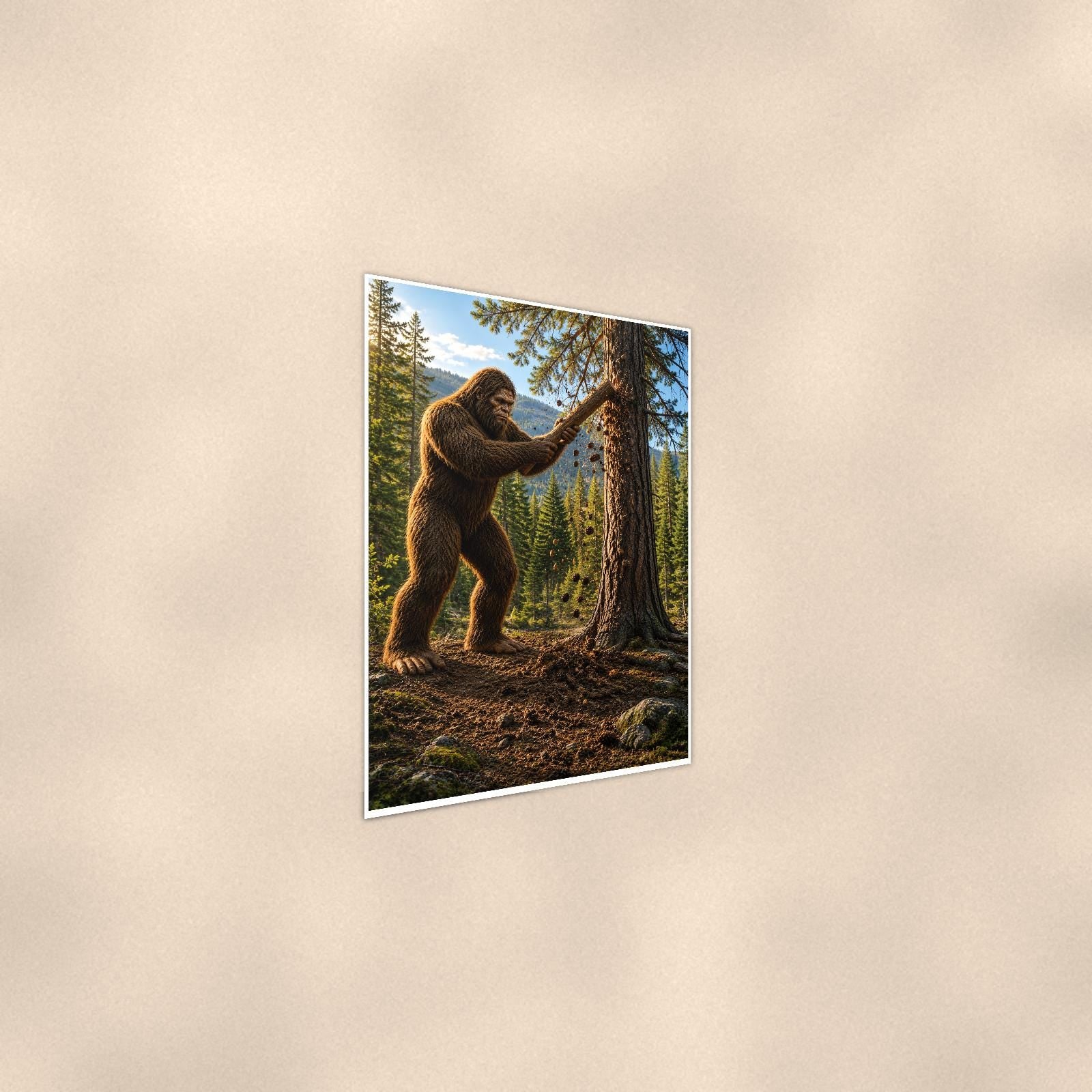Tree Carver Bigfoot — 24x36 in art print poster, premium luster paper with a white border; steeper three-quarter angle on a warm wall, catching the luster sheen.