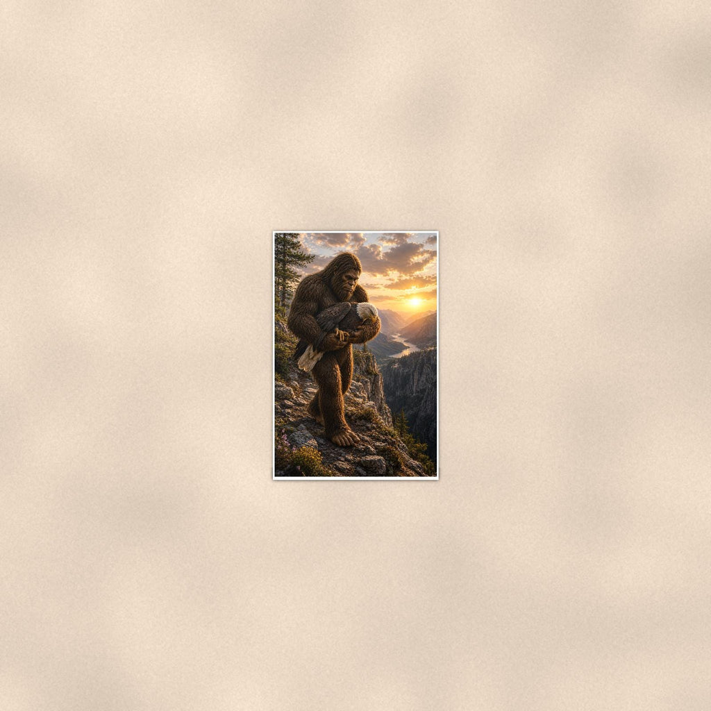 Mountain Climb Bigfoot — 24x36 in art print poster, premium luster paper with a white border; poster seen from further back, at true 24x36 in scale on a warm wall.