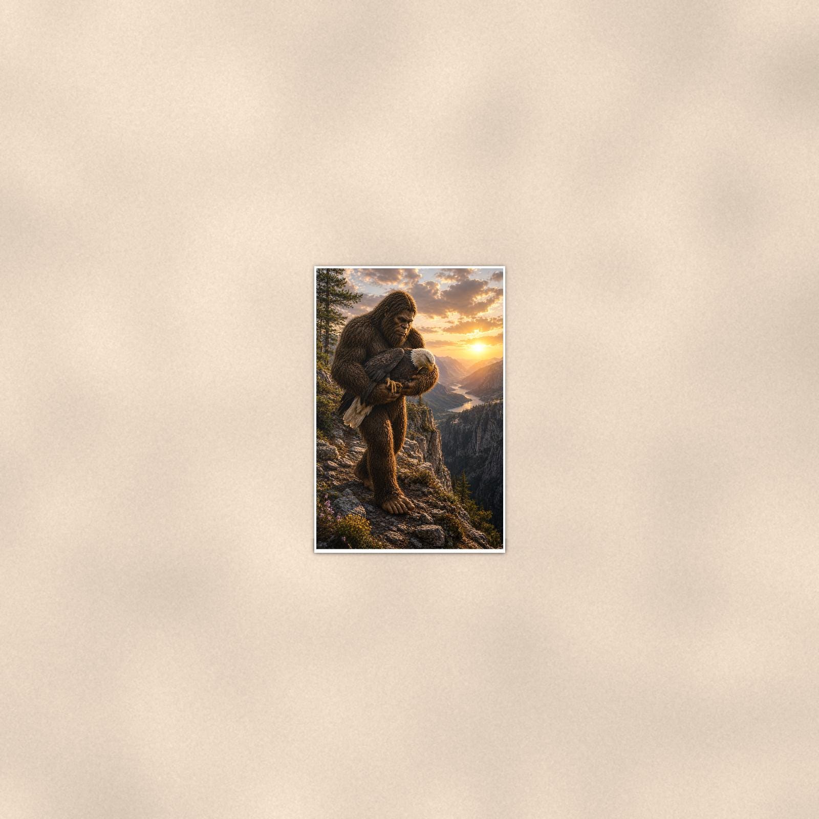 Mountain Climb Bigfoot — 24x36 in art print poster, premium luster paper with a white border; poster seen from further back, at true 24x36 in scale on a warm wall.