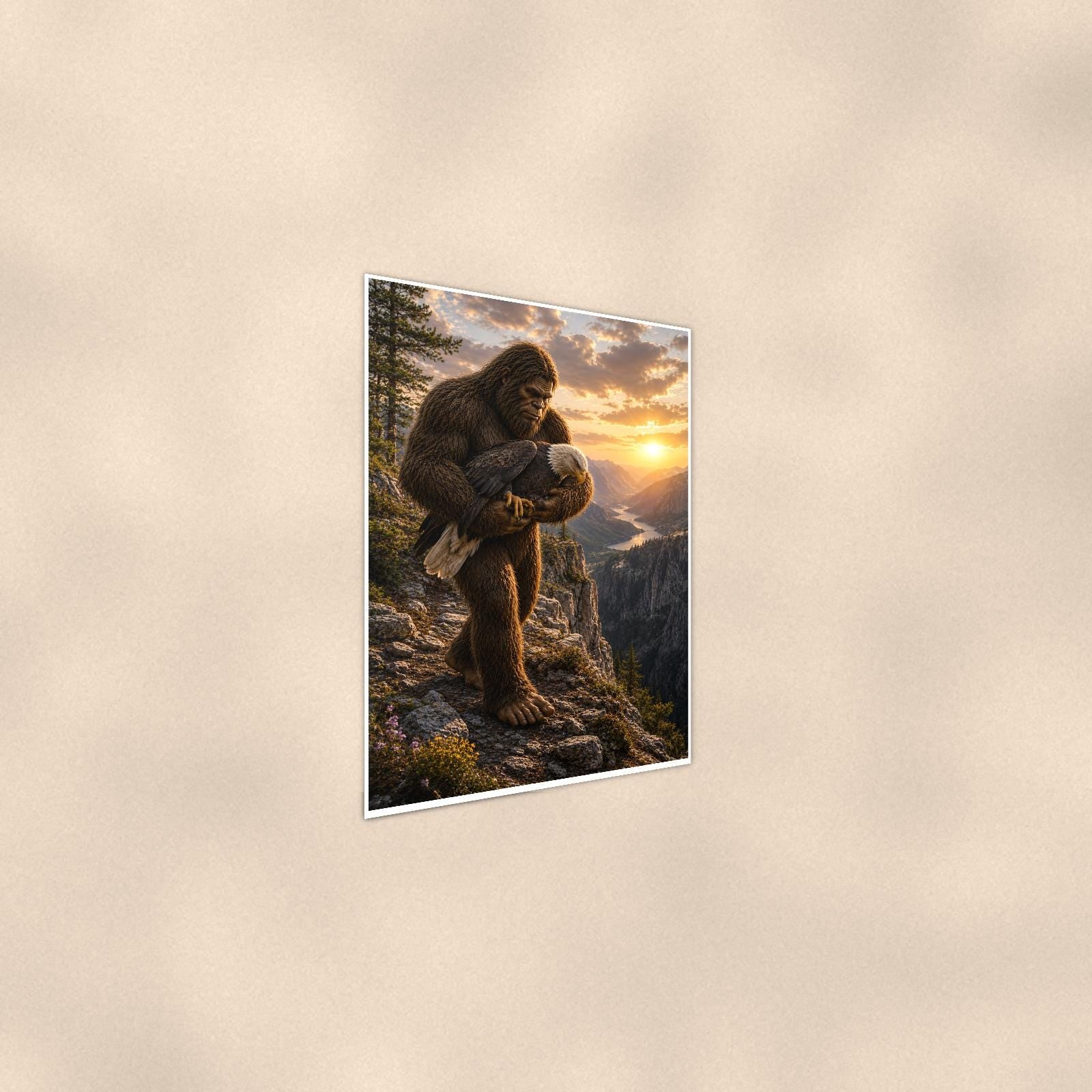 Mountain Climb Bigfoot — 24x36 in art print poster, premium luster paper with a white border; steeper three-quarter angle on a warm wall, catching the luster sheen.