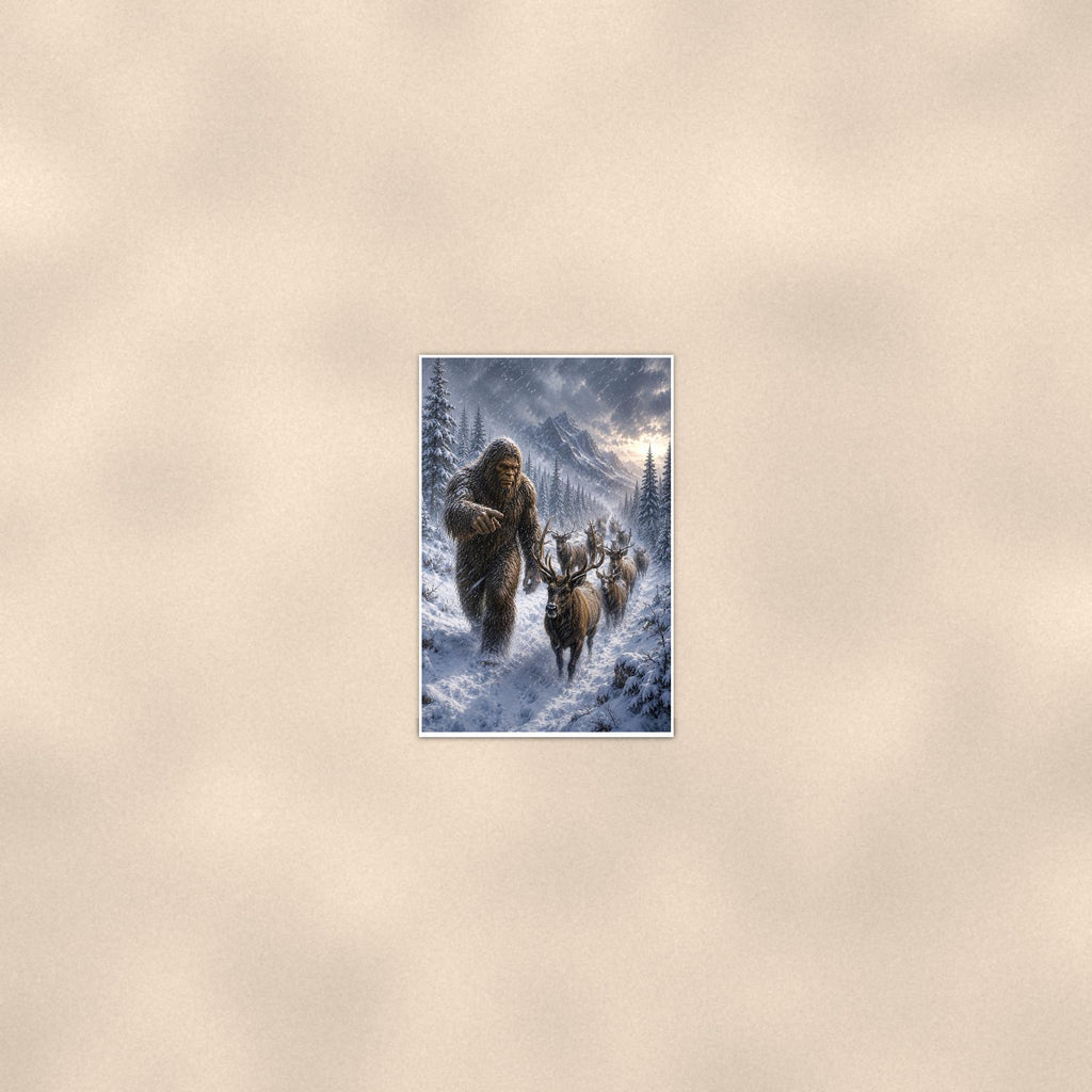 Reindeer Blizzard Bigfoot — 24x36 in art print poster, premium luster paper with a white border; poster seen from further back, at true 24x36 in scale on a warm wall.