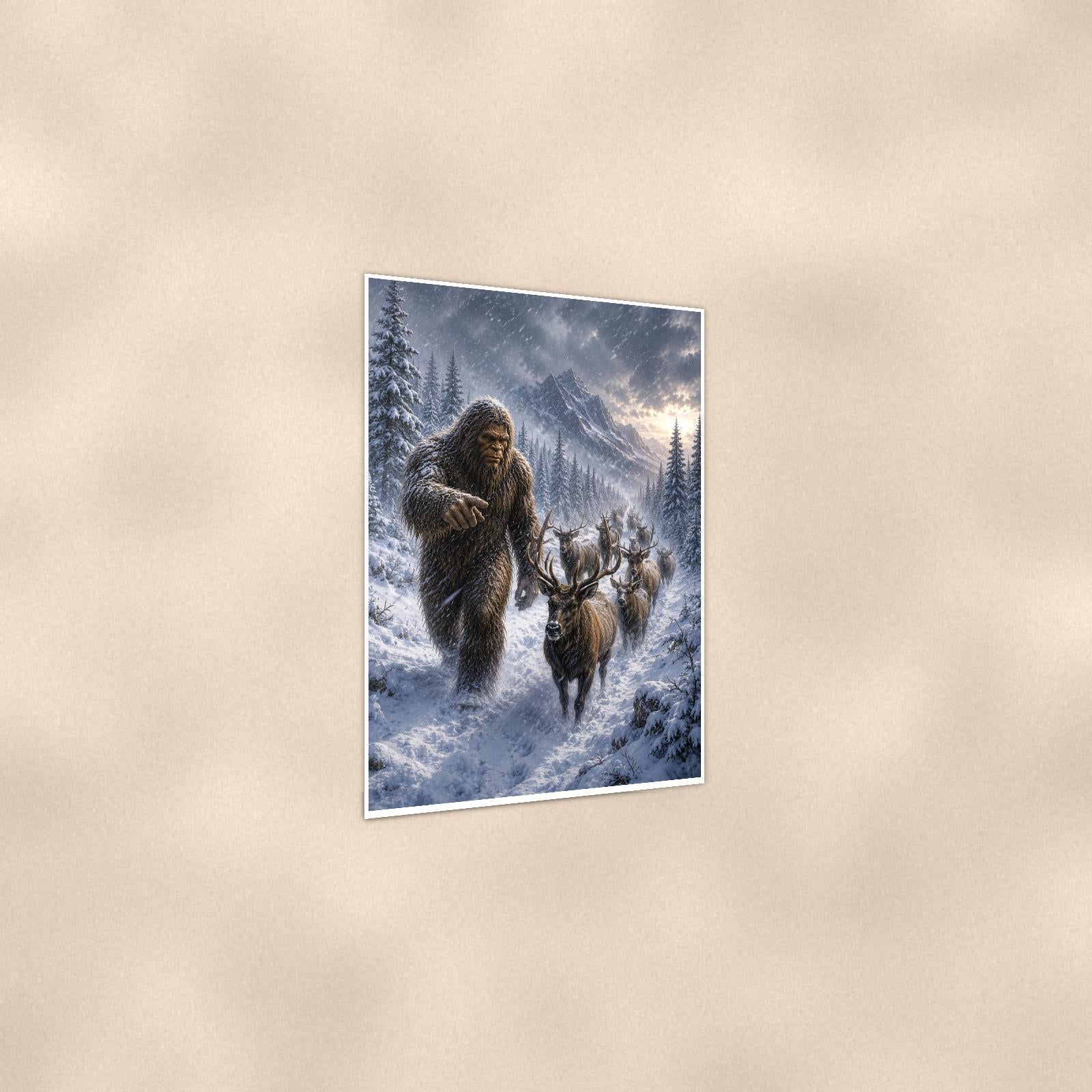 Reindeer Blizzard Bigfoot — 24x36 in art print poster, premium luster paper with a white border; gentle three-quarter angle on a warm wall, showing the flat paper edge.