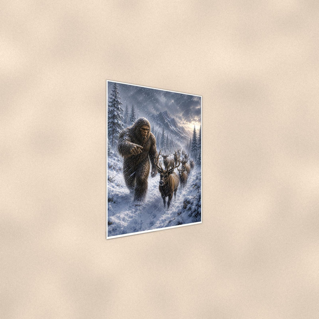 Reindeer Blizzard Bigfoot — 24x36 in art print poster, premium luster paper with a white border; steeper three-quarter angle on a warm wall, catching the luster sheen.