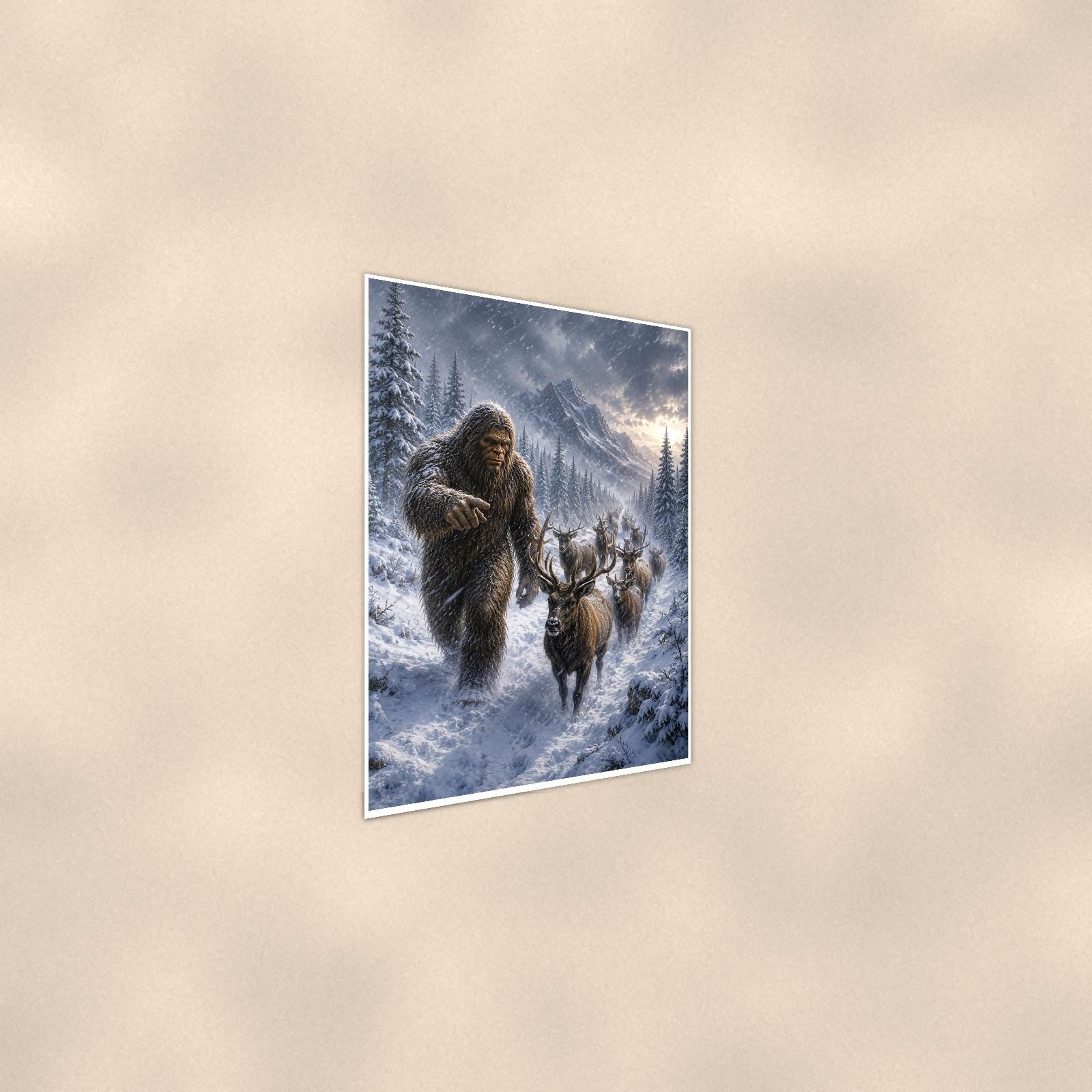 Reindeer Blizzard Bigfoot — 24x36 in art print poster, premium luster paper with a white border; steeper three-quarter angle on a warm wall, catching the luster sheen.