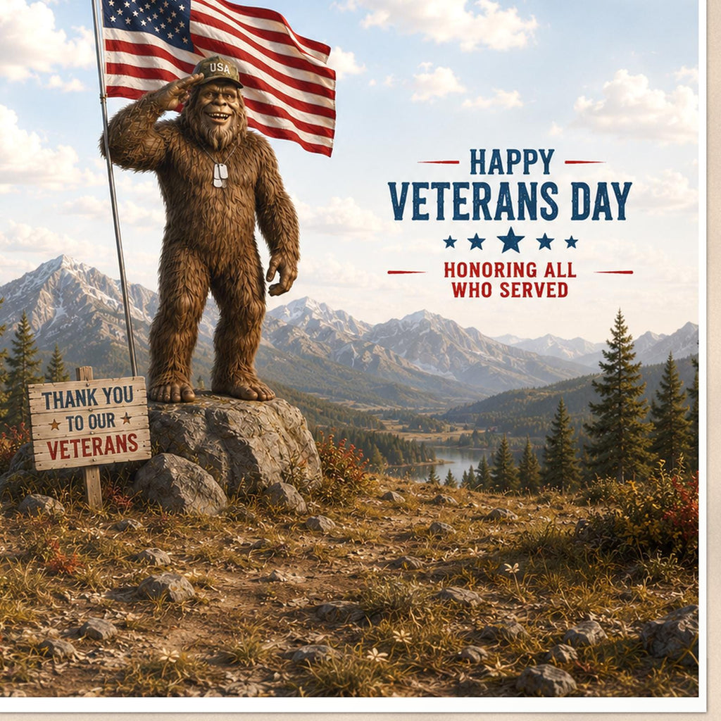 Veterans Day Bigfoot — 24x36 in art print poster, premium luster paper with a white border; close-up framed on the main subject of the artwork, paper surface visible.