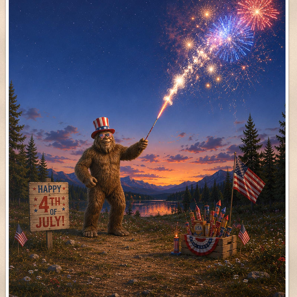 Fourth of July Bigfoot — 24x36 in art print poster, premium luster paper with a white border; close-up framed on the main subject of the artwork, paper surface visible.