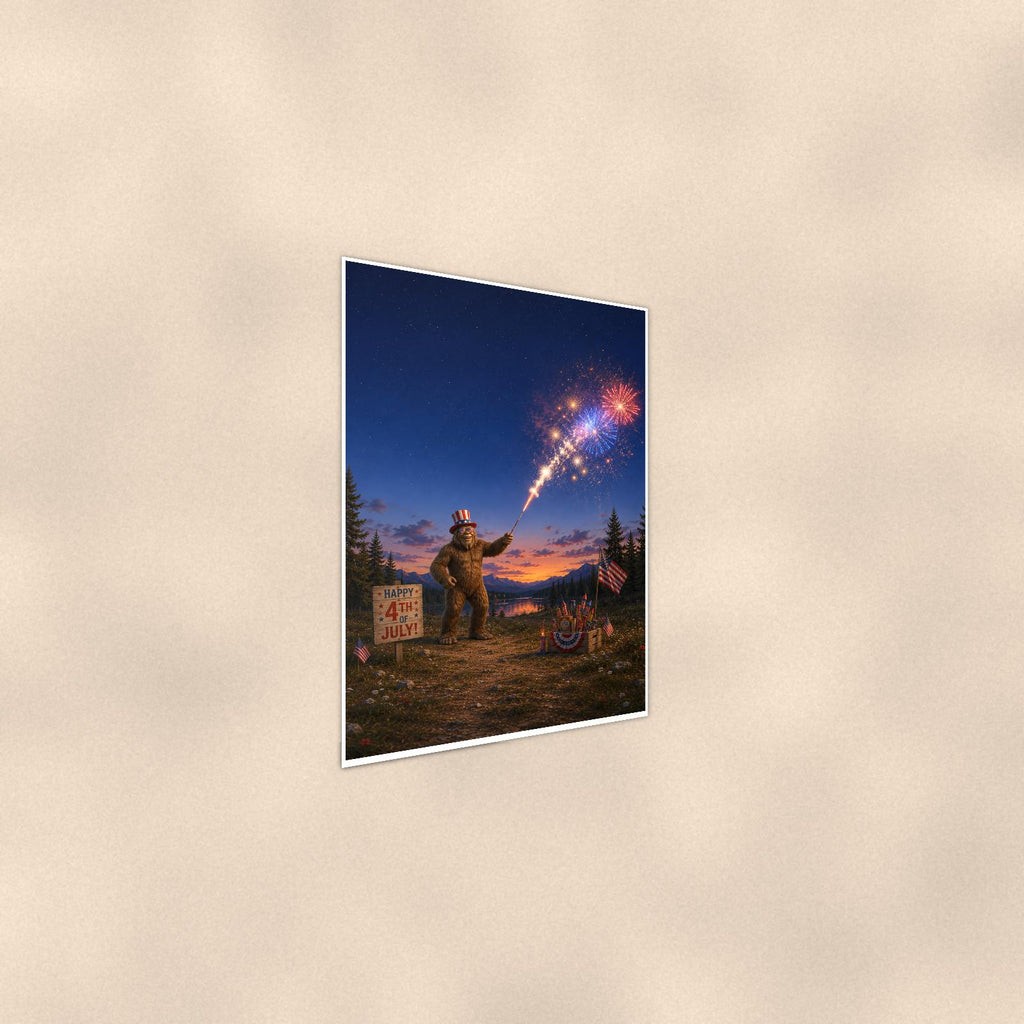 Fourth of July Bigfoot — 24x36 in art print poster, premium luster paper with a white border; steeper three-quarter angle on a warm wall, catching the luster sheen.