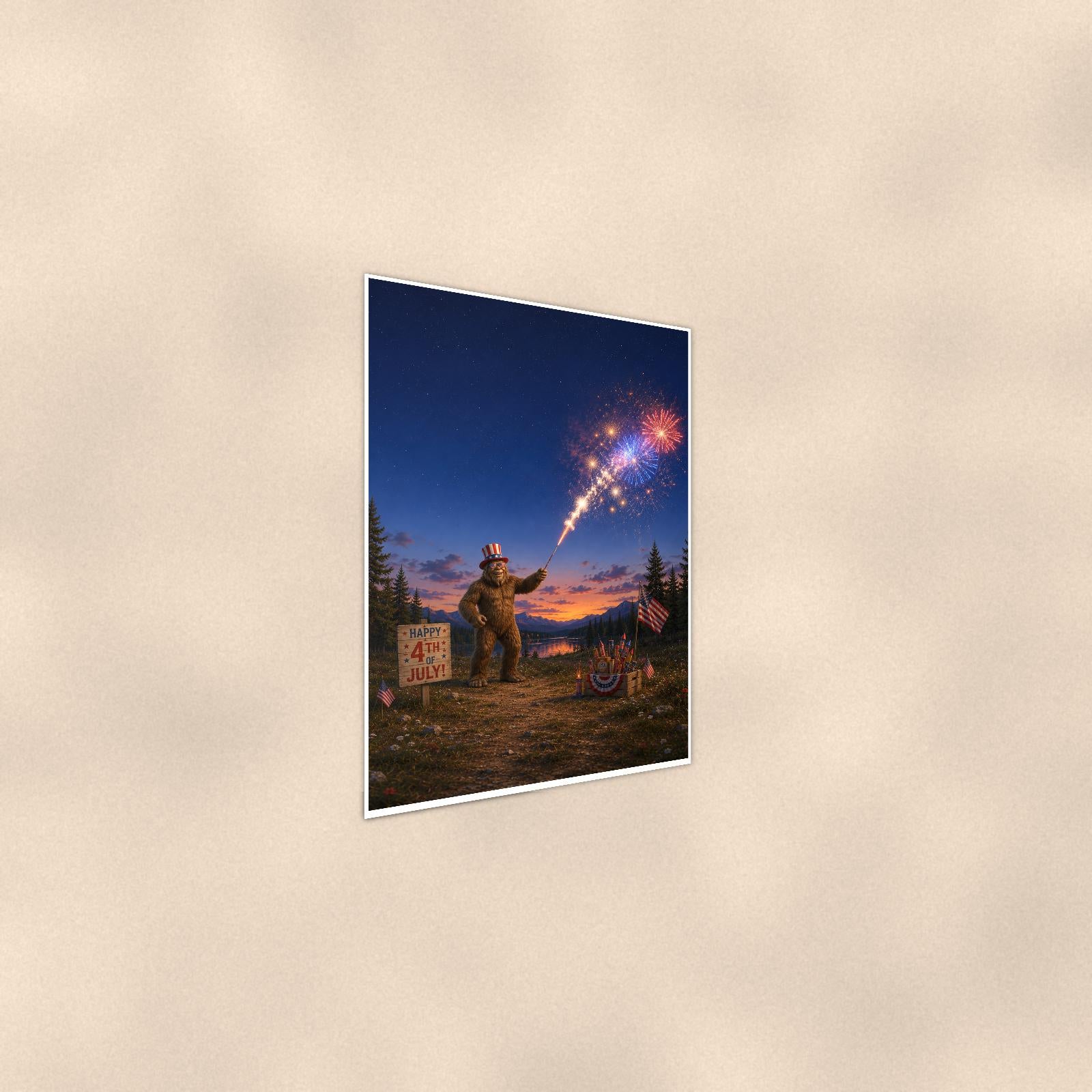 Fourth of July Bigfoot — 24x36 in art print poster, premium luster paper with a white border; steeper three-quarter angle on a warm wall, catching the luster sheen.