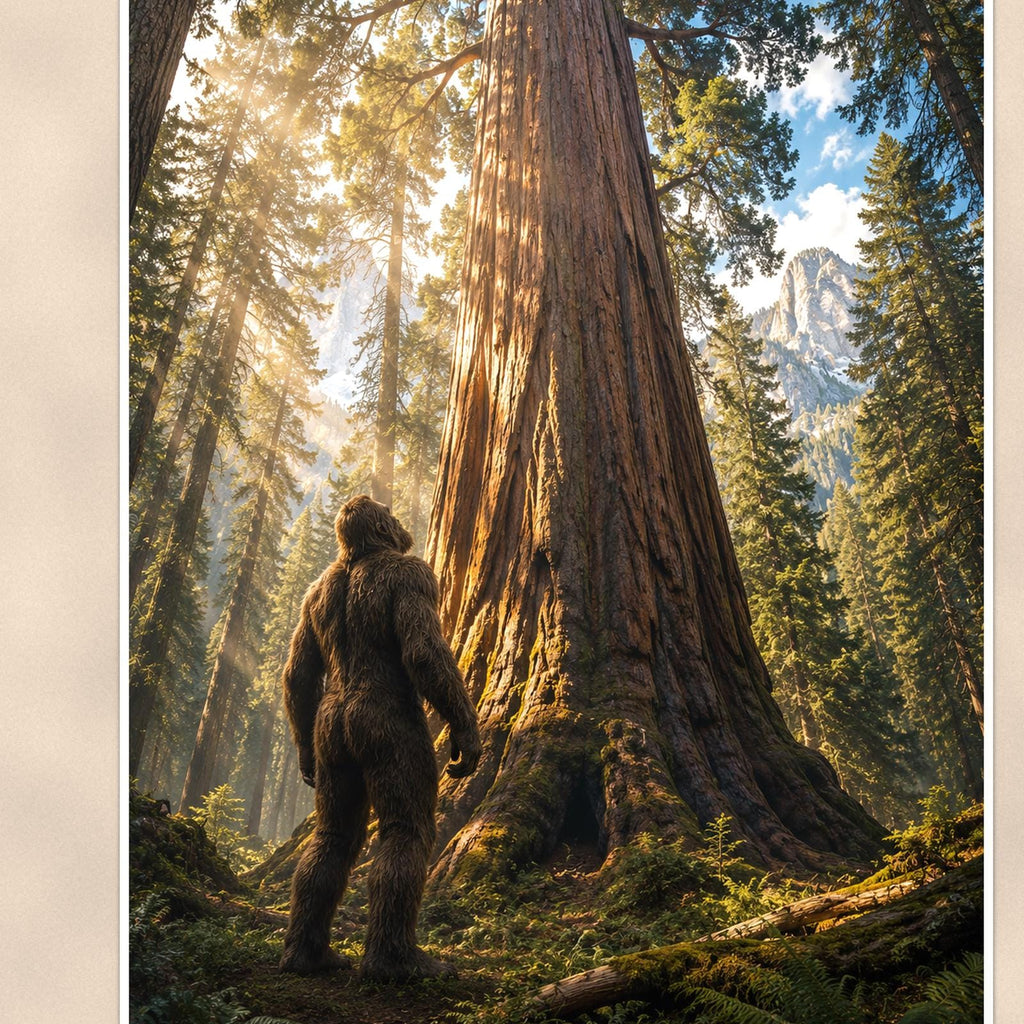 Redwood Sunbeams Bigfoot — 24x36 in art print poster, premium luster paper with a white border; close-up framed on the main subject of the artwork, paper surface visible.