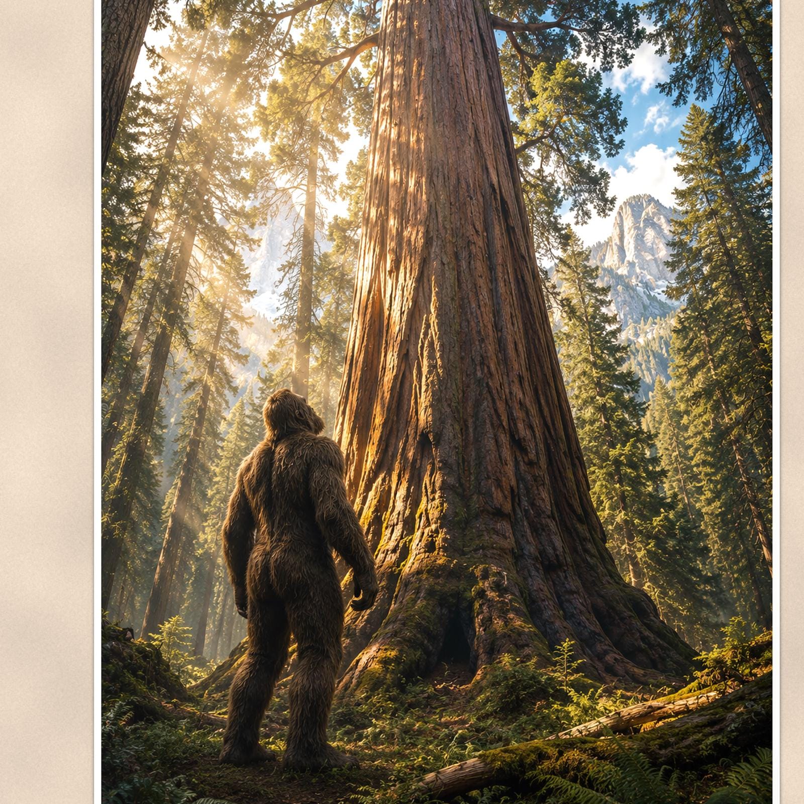Redwood Sunbeams Bigfoot — 24x36 in art print poster, premium luster paper with a white border; close-up framed on the main subject of the artwork, paper surface visible.