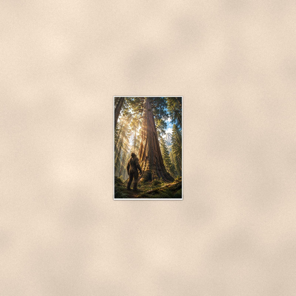 Redwood Sunbeams Bigfoot — 24x36 in art print poster, premium luster paper with a white border; poster seen from further back, at true 24x36 in scale on a warm wall.