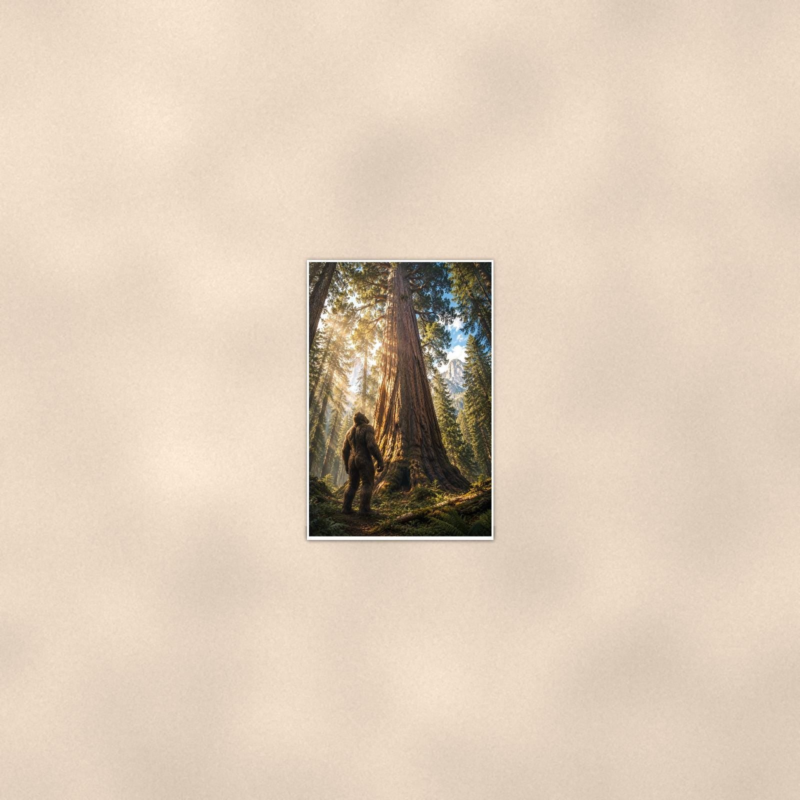 Redwood Sunbeams Bigfoot — 24x36 in art print poster, premium luster paper with a white border; poster seen from further back, at true 24x36 in scale on a warm wall.