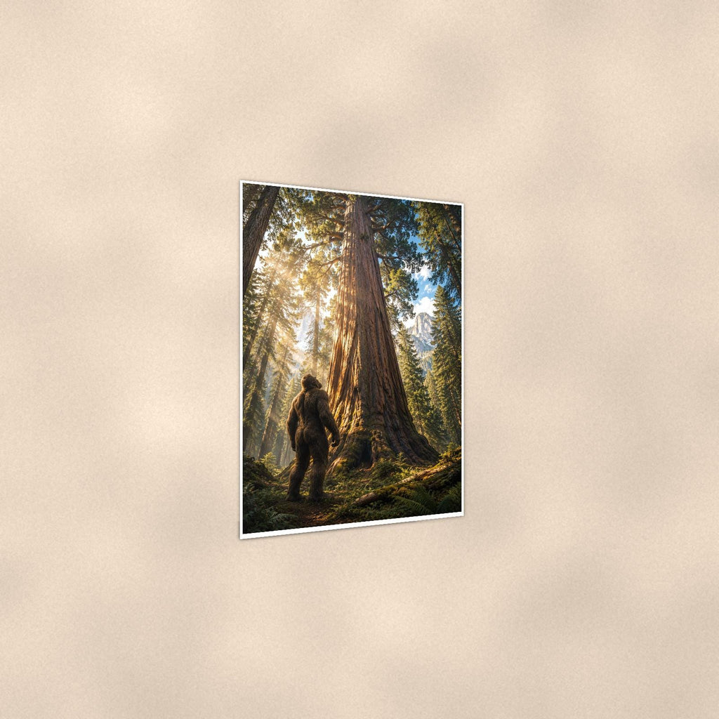 Redwood Sunbeams Bigfoot — 24x36 in art print poster, premium luster paper with a white border; gentle three-quarter angle on a warm wall, showing the flat paper edge.