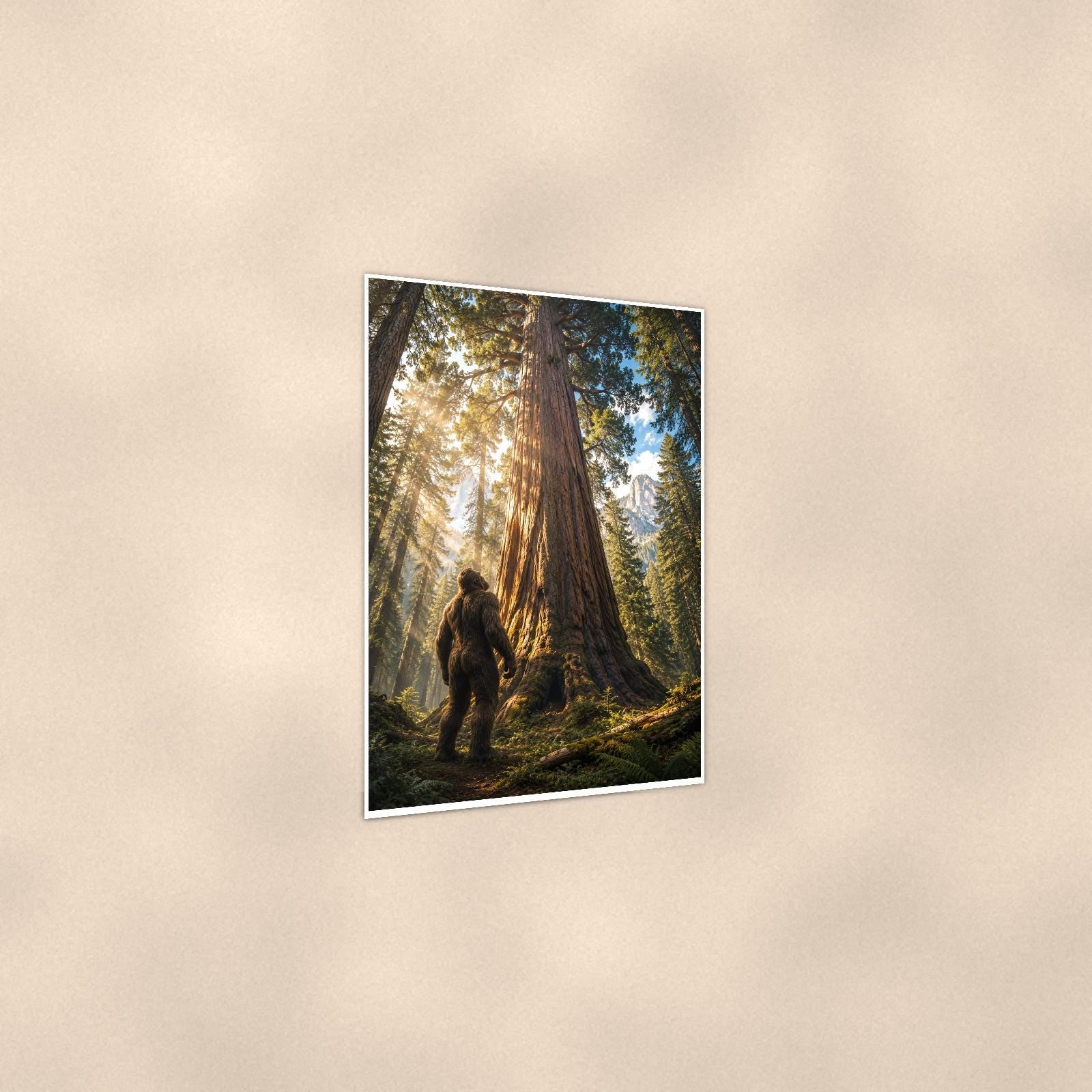 Redwood Sunbeams Bigfoot — 24x36 in art print poster, premium luster paper with a white border; gentle three-quarter angle on a warm wall, showing the flat paper edge.