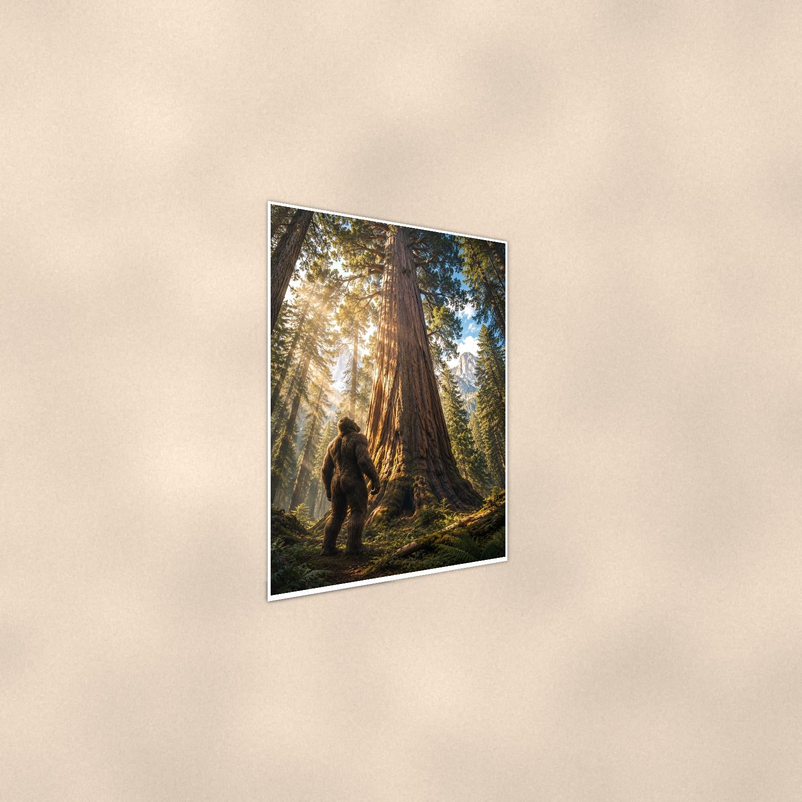 Redwood Sunbeams Bigfoot — 24x36 in art print poster, premium luster paper with a white border; steeper three-quarter angle on a warm wall, catching the luster sheen.