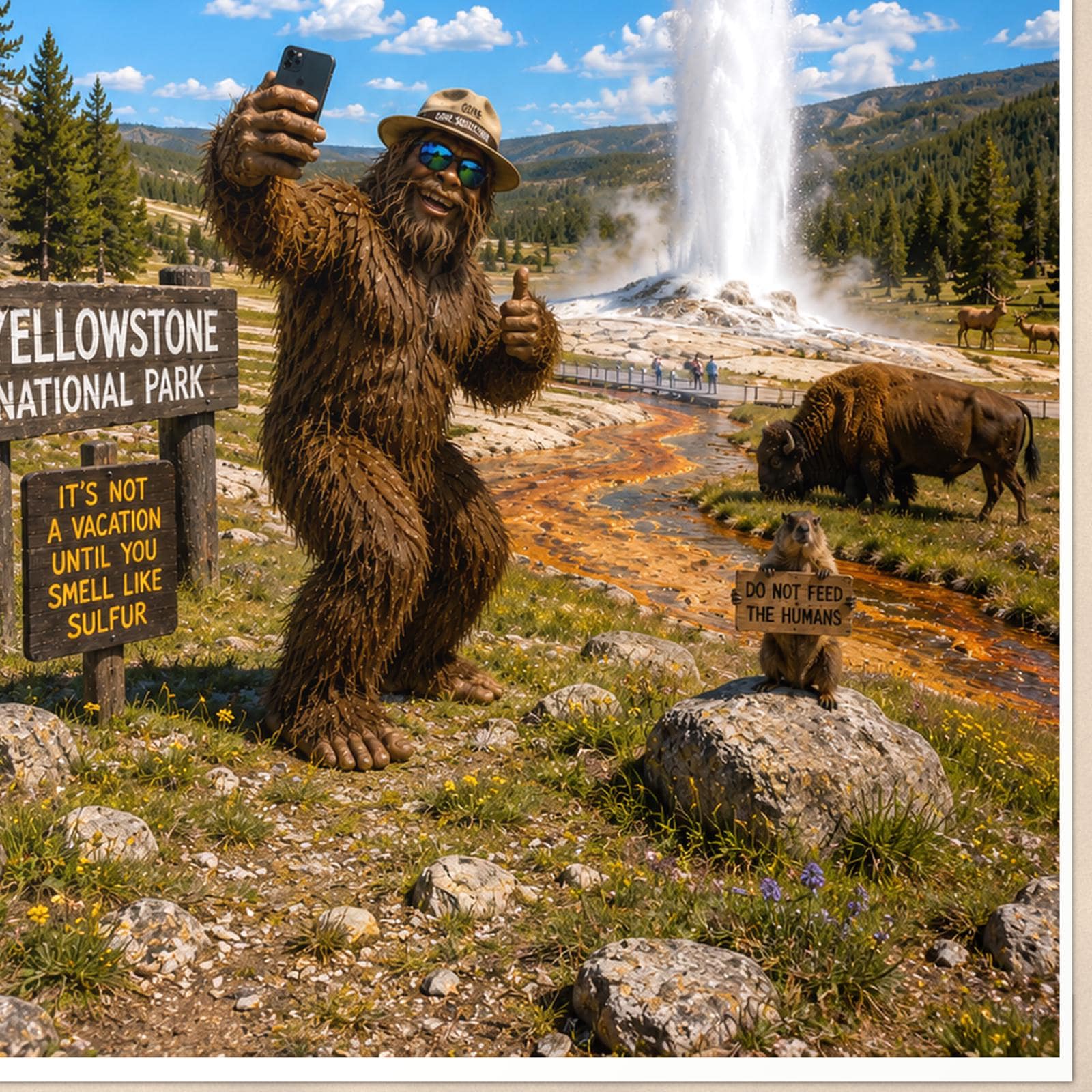 Yellowstone Bigfoot — 24x36 in art print poster, premium luster paper with a white border; close-up framed on the main subject of the artwork, paper surface visible.