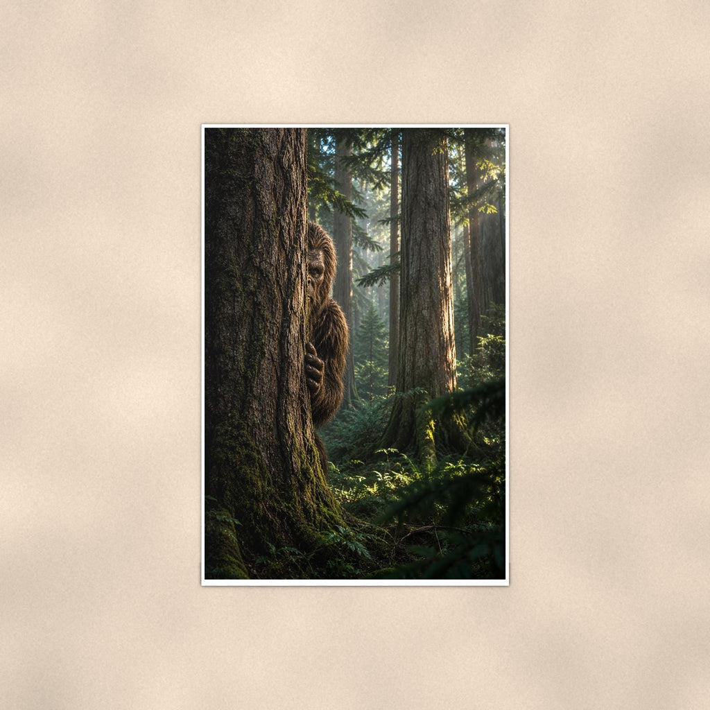 Peekaboo Pine Bigfoot — 24x36 in art print poster, premium luster paper with a white border; poster shown straight on against a warm wall.