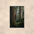 Peekaboo Pine Bigfoot — 24x36 in art print poster, premium luster paper with a white border; poster shown straight on against a warm wall.