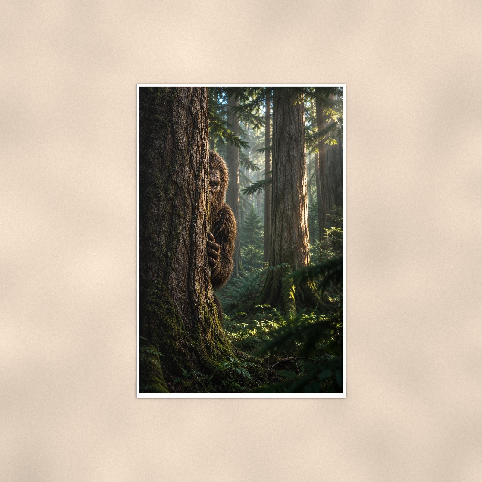 Peekaboo Pine Bigfoot — 24x36 in art print poster, premium luster paper with a white border; poster shown straight on against a warm wall.