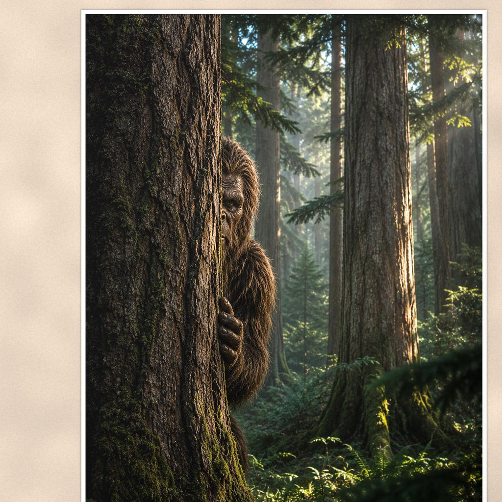 Peekaboo Pine Bigfoot — 24x36 in art print poster, premium luster paper with a white border; close-up framed on the main subject of the artwork, paper surface visible.