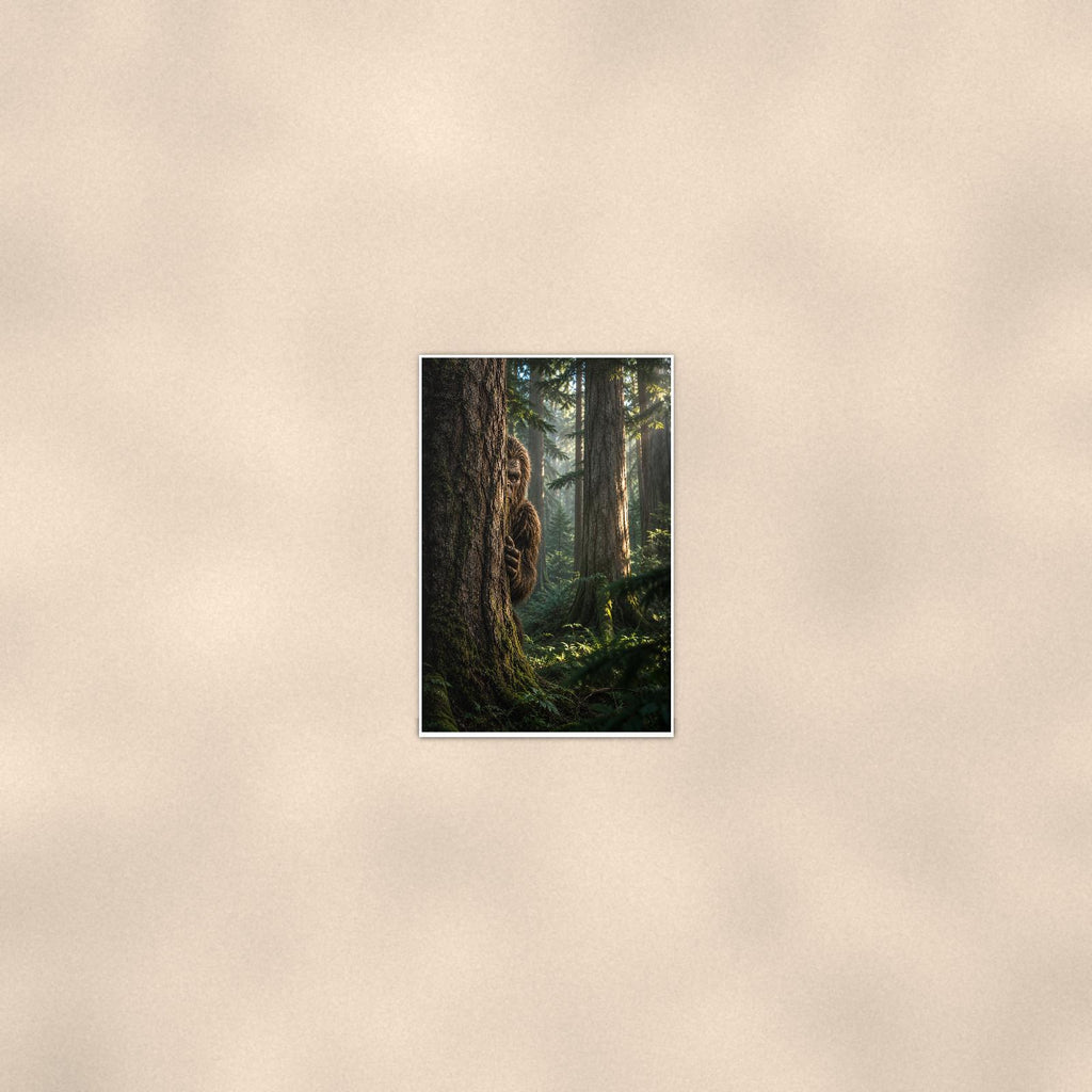 Peekaboo Pine Bigfoot — 24x36 in art print poster, premium luster paper with a white border; poster seen from further back, at true 24x36 in scale on a warm wall.