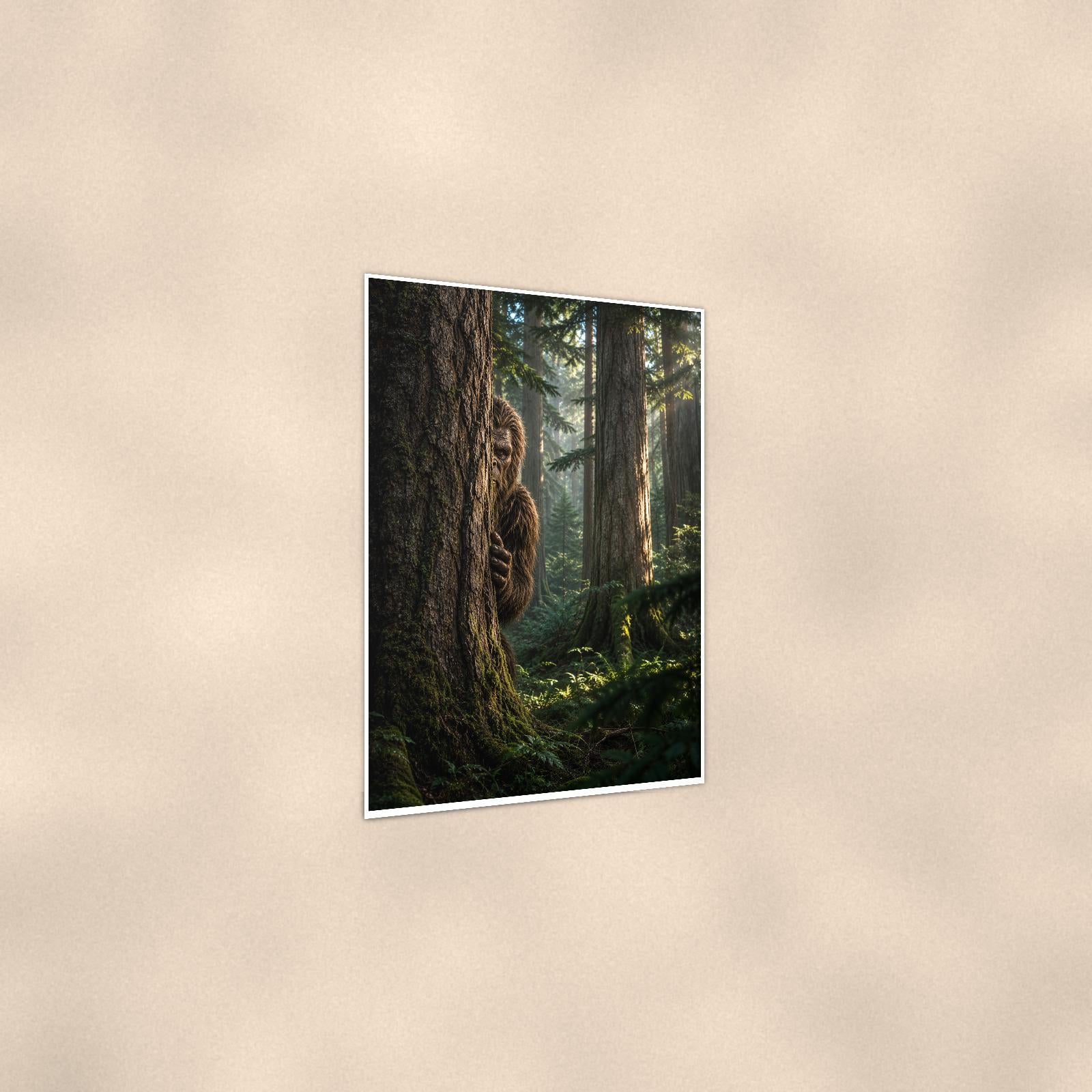 Peekaboo Pine Bigfoot — 24x36 in art print poster, premium luster paper with a white border; gentle three-quarter angle on a warm wall, showing the flat paper edge.