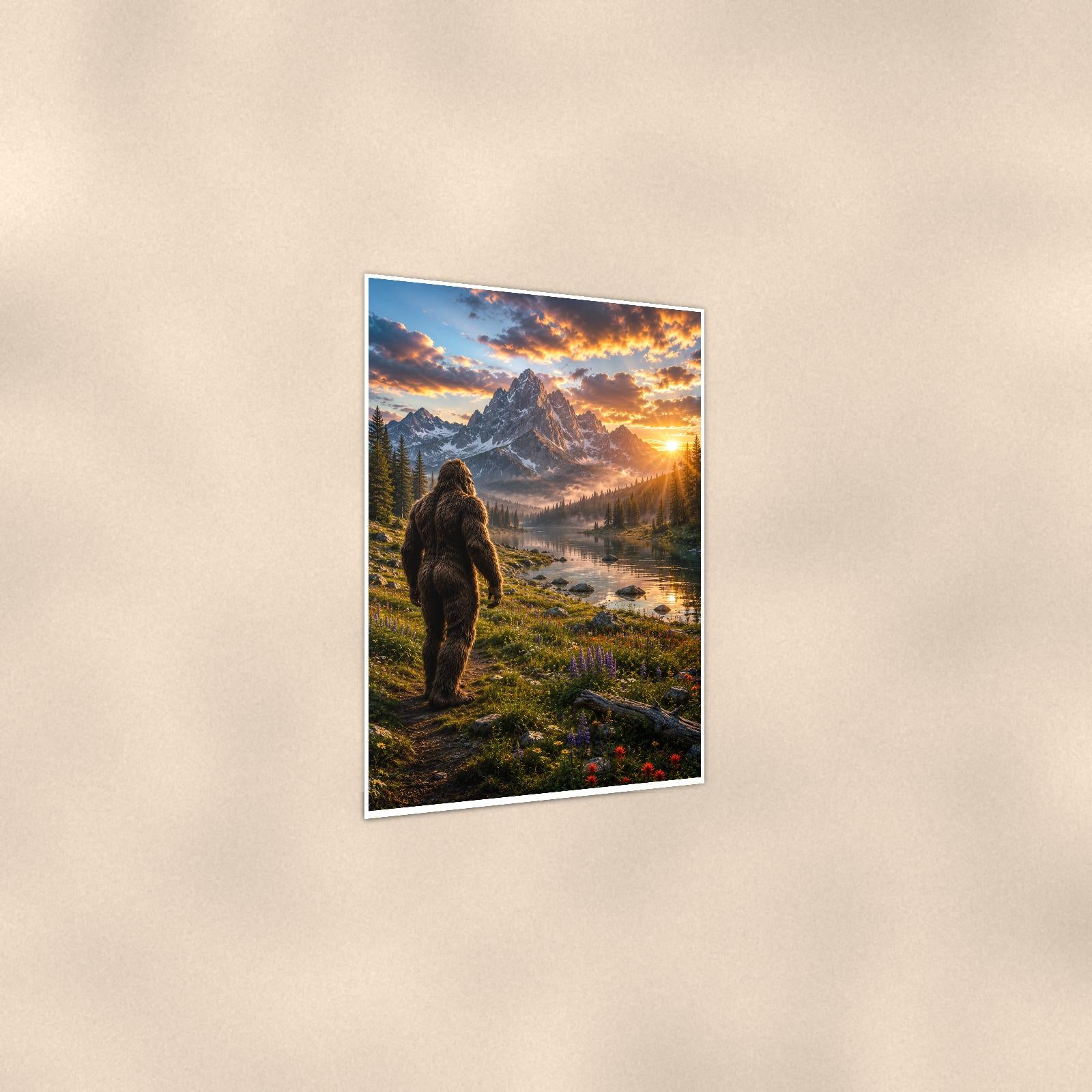 Sunset Meadow Bigfoot — 24x36 in art print poster, premium luster paper with a white border; gentle three-quarter angle on a warm wall, showing the flat paper edge.